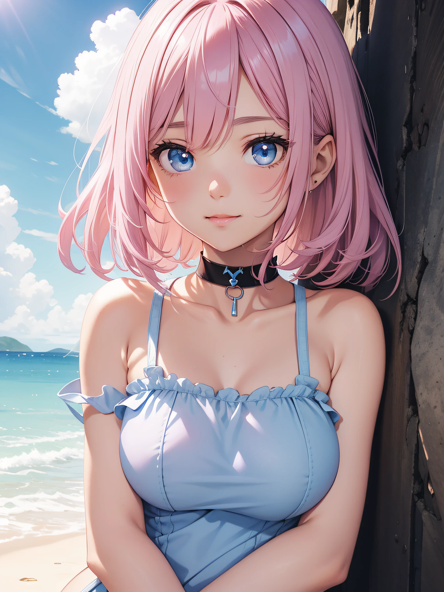 Official art、Top quality ultra-detailed CG art、a beauty girl:1.2)、Pink hair、Glossy hair、smooth hair、large blue eyes,Mid summer、kawaii、The sky is beautiful、Cute、bob cuts、Pink choker、Light blue swimsuit、ssmile、