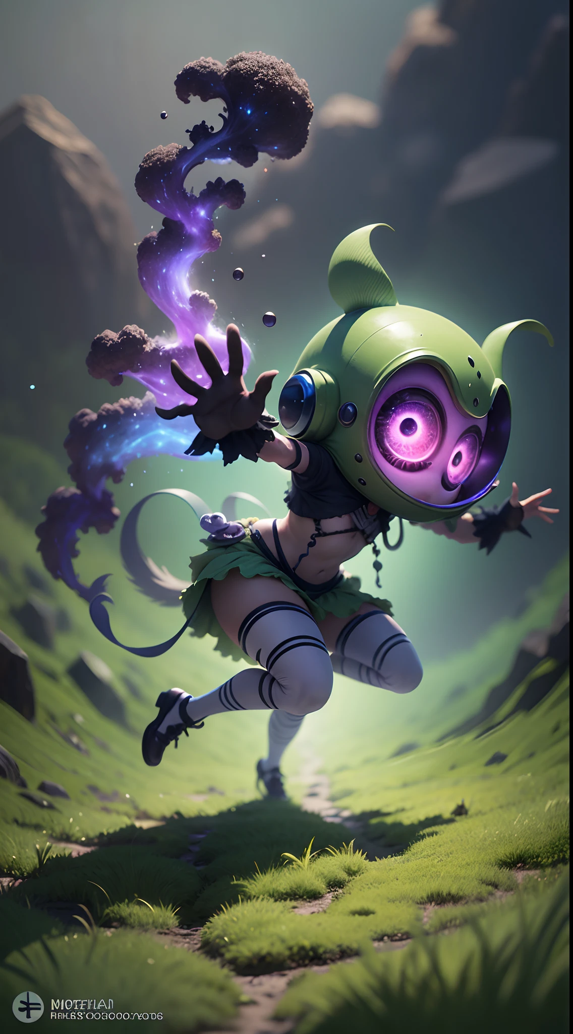 Pixar style, gloomy, negative, twisted, strange, big-eyed , colorful, dancing in the air with monster minions, extremely detailed, high resolution, best quality, color realistic, vivid), cute one-eyed alien, 8 minions dancing in the air, running around, gathering with friends, green and purple, sitting in a classic char, admiring the scenery , extraterrestrial creatures, photography, on terrain, nebula sky, ((best silhouette)), best quality