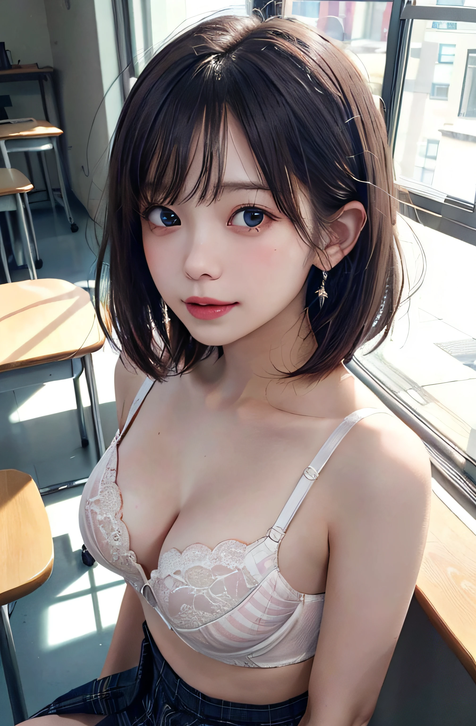 ​masterpiece、top-quality、超A high resolution、(photographrealistic:1.4)、((wearing brassiere、Pink bra、Cute bra、Showing a bra、Upper body naked)),((1girl in、White fair skin:1.4、sitting at the desk、From  above、looking at the viewers、Cowboy Shot、17 age、spotless、cute little、A dark-haired、Medium hair_cut、short hair with bangs、Burst milk in the same way))、(School Uniforms:1.2),, (Plaid pleated skirt:1.3),(dignified expression)、High detailed eyes、(((‎Classroom)))、long neck、(((short hair with bangs)))、Lashes、(((natural soft light、gazing at viewer、Entice your audience、discreet breasts、small tits、Highlights in the eyes)))、[(Hassleblad H6D-400c)], [(Medium format image)],[(dream-like)],[(400 mega pixels)], (Photorealsitic:1.4), (Raw photography:1.2), (8K), (​masterpiece:1.3), (realisitic), (A hyper-realistic), ultra-detailliert, illustratio, very_high_Realistic:1.5 ,very_high_resolution:1.5, nffsw, nffsw, Unity, 8K Picture Wallpaper, astonishing、finely detail, Official art, Highly detailed ticker Unity 8k wallpaper, (top-quality), incredibly absurdness, ultra-detailliert, Light on the Face, cinematric light, 电影灯光, Professonal lighting、photon maping、Radio City、physically-based renderingt、solofocus、foco nítido、 hight resolution、ighly detailed、extremely delicate and beautiful、intricate detailes、face muscles、a beautiful detailed girl、Natural makeup、extra detailed face、looking at away、