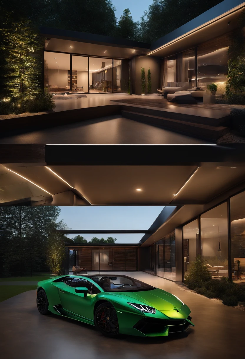 ((Best quality)), ((masterpiece)), ((realistic)), ((Best quality)), ((masterpiece)), ((realistic)), container house, garage, lamborghini, dark space, smart home,