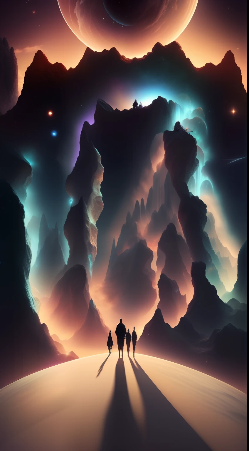 There are three people walking on a planet with a sky background, surreal space, visuais de outro mundo, figuras distantes e brilhantes, inspirado em Christopher Balaskas, cosmos sem fim no fundo, sitting on the cosmic cloudscape, Nuvens espaciais, on cosmic cloudscape, fantasy space, perdidos no vazio leitoso, surreal mystical atmosphere, 3 d render bipe