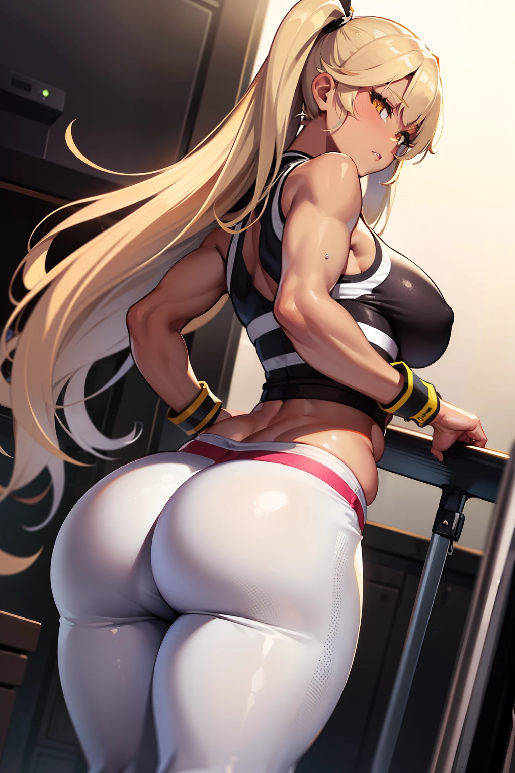 Best quality, massive breasts, lifting,  very curvy, dark brown skin, long blond hair, yellow eyes, slutty, gyaru, full lips, seductive, gym, workout, exercise, white clothes, heavy lifting, darkskin, tan, white clothes low angle, (from below), looking at viewer, cowboy shot, ass, booty, big ass, close upp, ass close up, gym, tan, yogapants