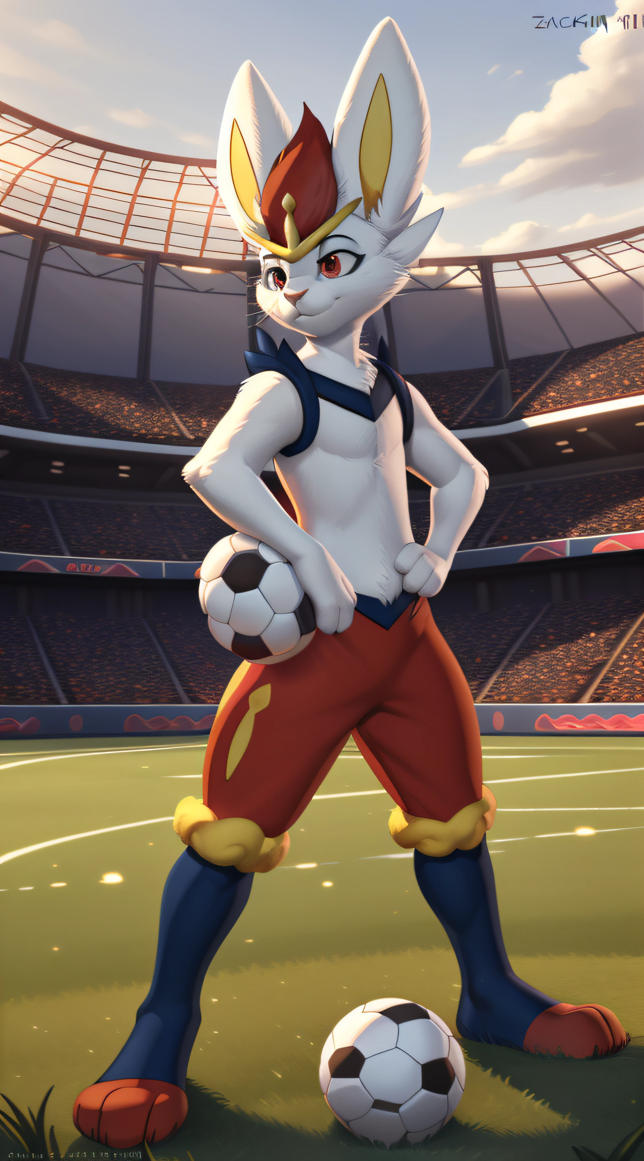 cinderace, red eyes, (posing:1.3), (soft shading), 4k, hi res, five fingers, detailed hands, ((detailed face, (detailed eyes:1.0), detailed)), by zackarry911, by zaush, (by personalami:0.5), soccer field, grass, soccer ball, rabbit tail,  stadium,