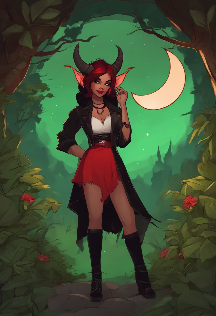 a slightly chubby, bottom heavy hispanic female with messy red and black two tone hair, dark freckles, red eyes, a black shirt that has a logo of a green circle and a black star in the middle, black pants with red X's on the knees, neon green imp horns, a thin black imp tail. Cartoony artstyle