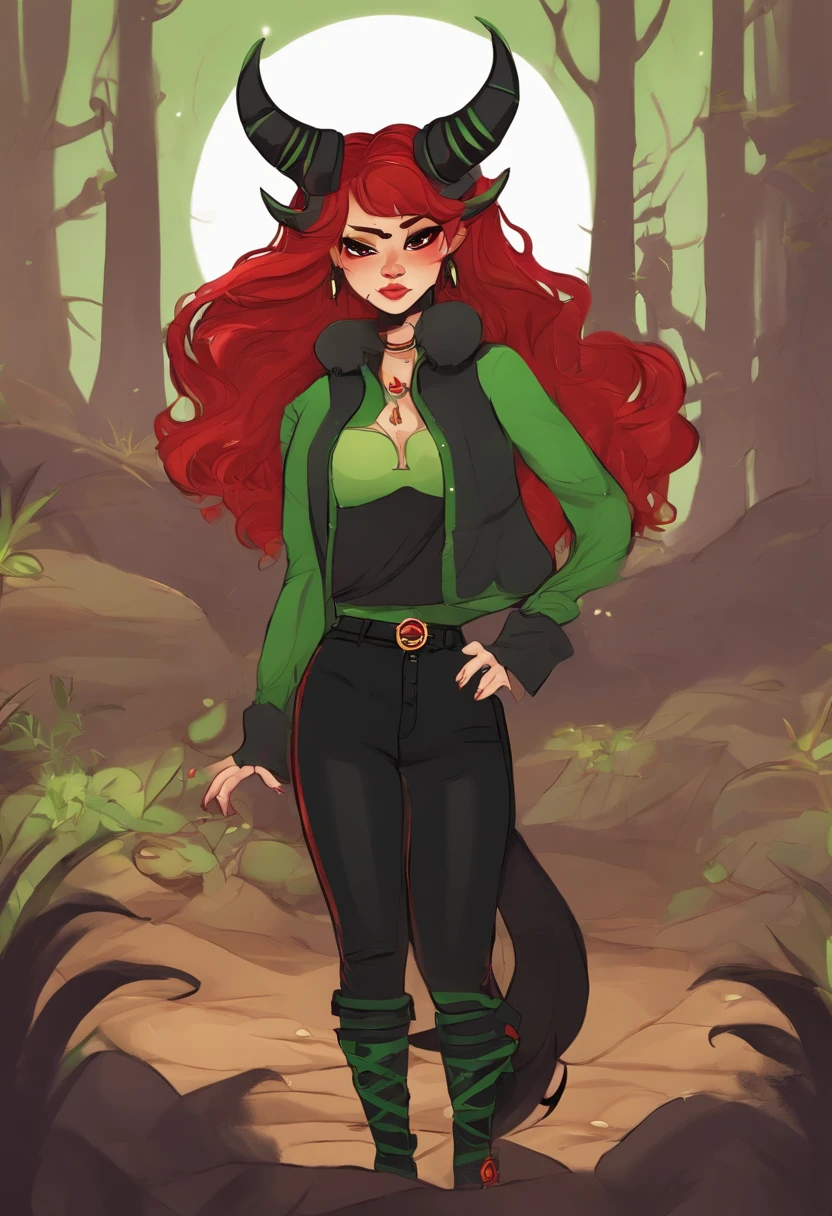 a slightly chubby, bottom heavy hispanic female with messy red and black two tone hair, dark freckles, red eyes, a black shirt that has a logo of a green circle and a black star in the middle, black pants with red X's on the knees, neon green imp horns, a thin black imp tail. Cartoony artstyle