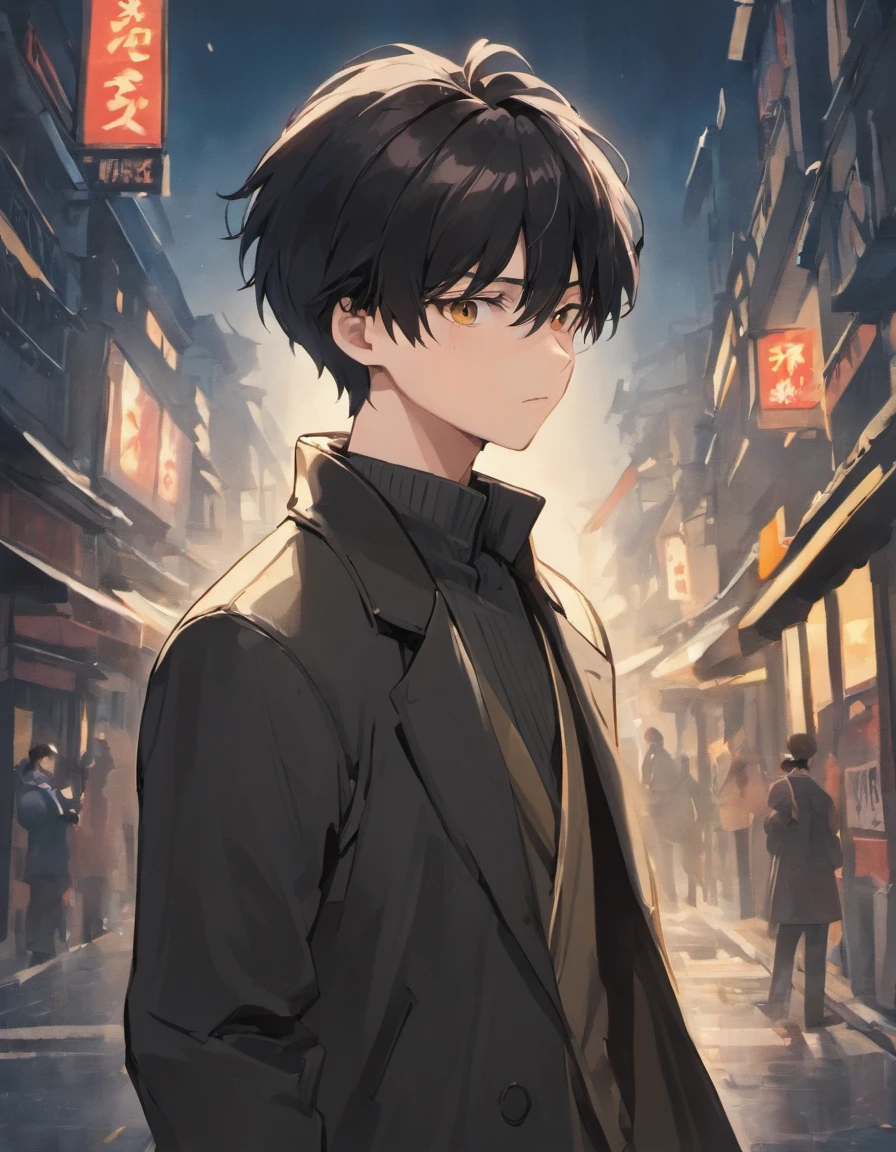 A young man with short black hair and golden eyes(Handsome)Wearing a black turtleneck liner and a white trench coat, he stood expressionless in the street with a katana in hand(British style)
