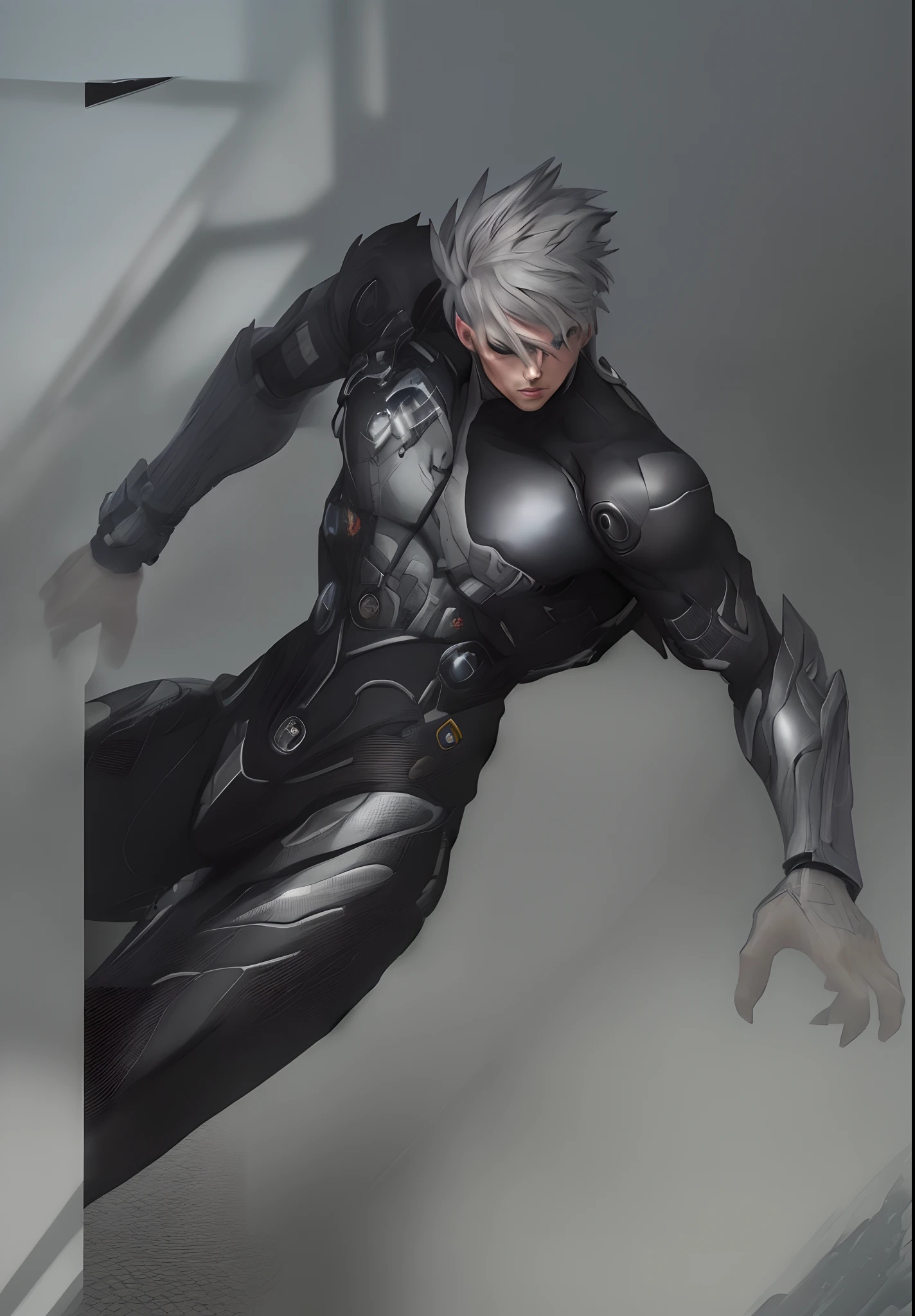 Men, grey short hair, cyborg body,