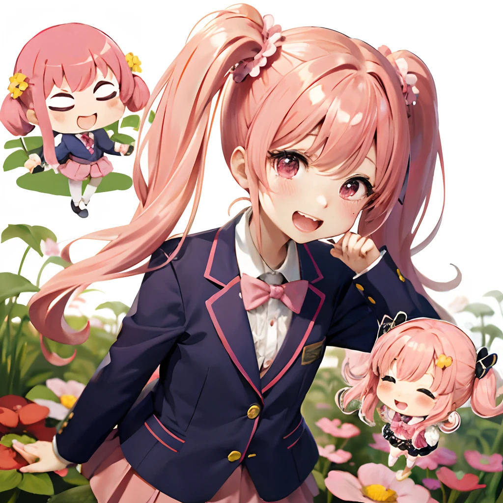 Cute chibi anime the size of a flower in a flower garden, long pink hair with twin tails、、Pink twin tail hairstyle、Dark blue blazer、Pink skirt、student clothes,dark colored、primary colours、、Smiling, animations、Laugh out loud on your stomach、Crying and laughter、、Insanely good laugh、burst into laughter、Chibi Animation
