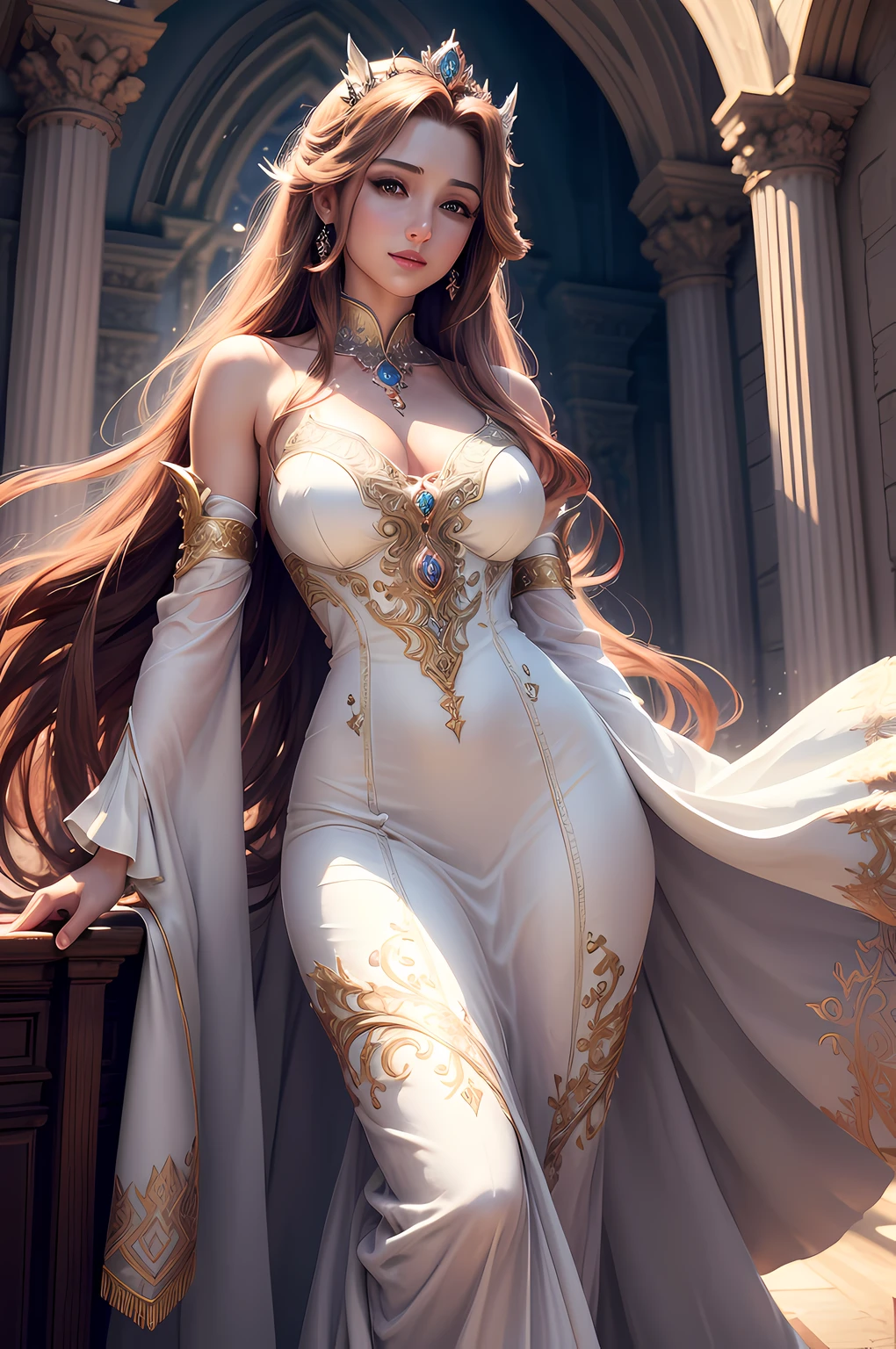 (highres, ultra-detailed, realistic:1.37), aerith, final fantasy, beautiful body, beautiful detailed eyes, detail-oriented nose, luscious red lips, long flowing hair, radiant smile, elegant crown, royal attire, intricate jewelry, graceful pose, enchanting expression, majestic church in the background, vibrant colors, soft lighting, regal atmosphere, atmospheric perspective, stunning landscape, floating clouds, magical aura, timeless beauty, intricate patterns, ethereal ambiance, striking contrast, dreamlike quality, cinematic composition, white dress, wings