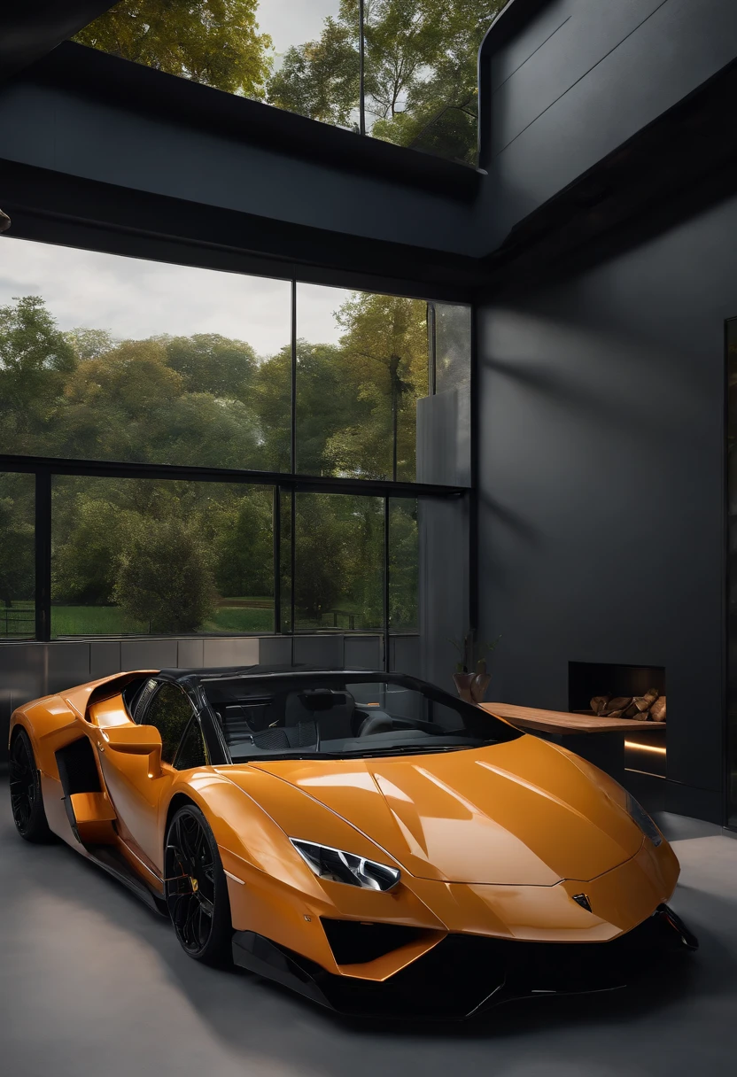 ((Best quality)), ((masterpiece)), ((realistic)), ((Best quality)), ((masterpiece)), ((realistic)), container house, garage, lamborghini, dark space, smart home,