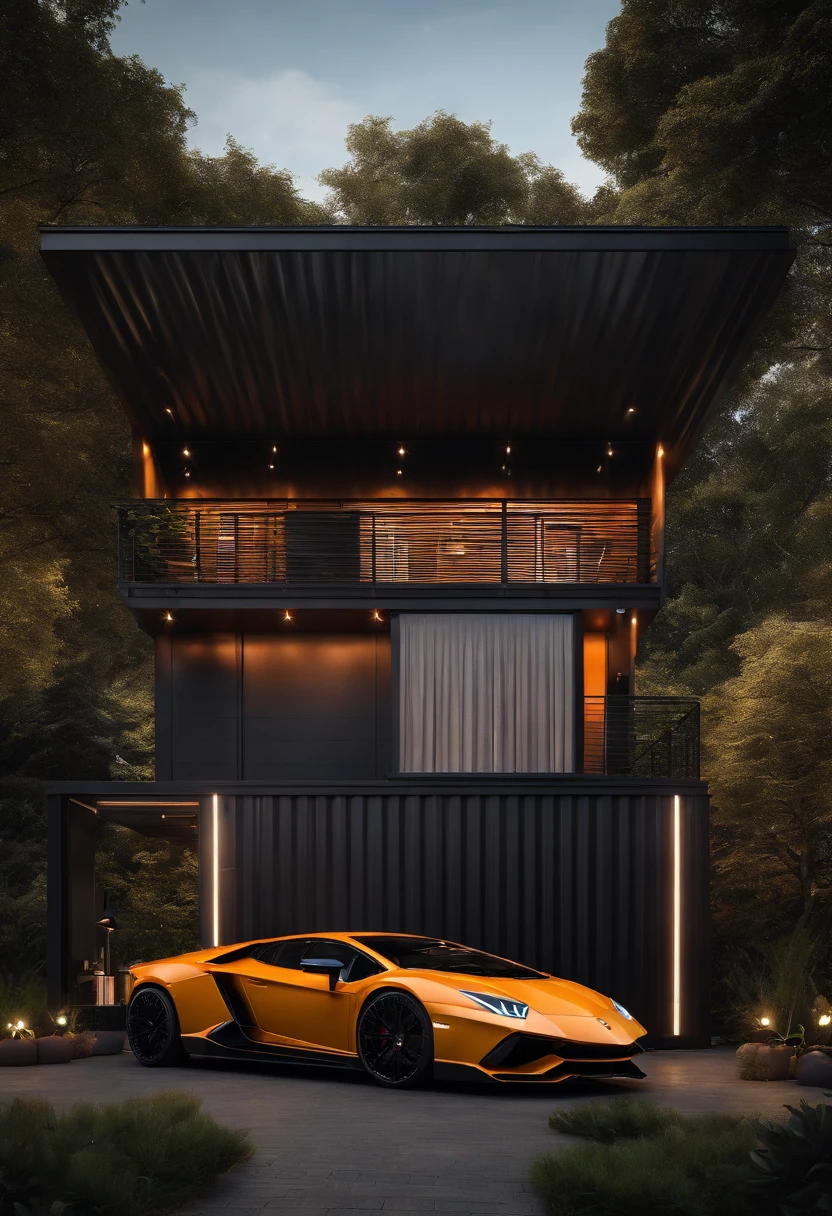 ((Best quality)), ((masterpiece)), ((realistic)), ((Best quality)), ((masterpiece)), ((realistic)), container house, garage, lamborghini, dark space, smart home,