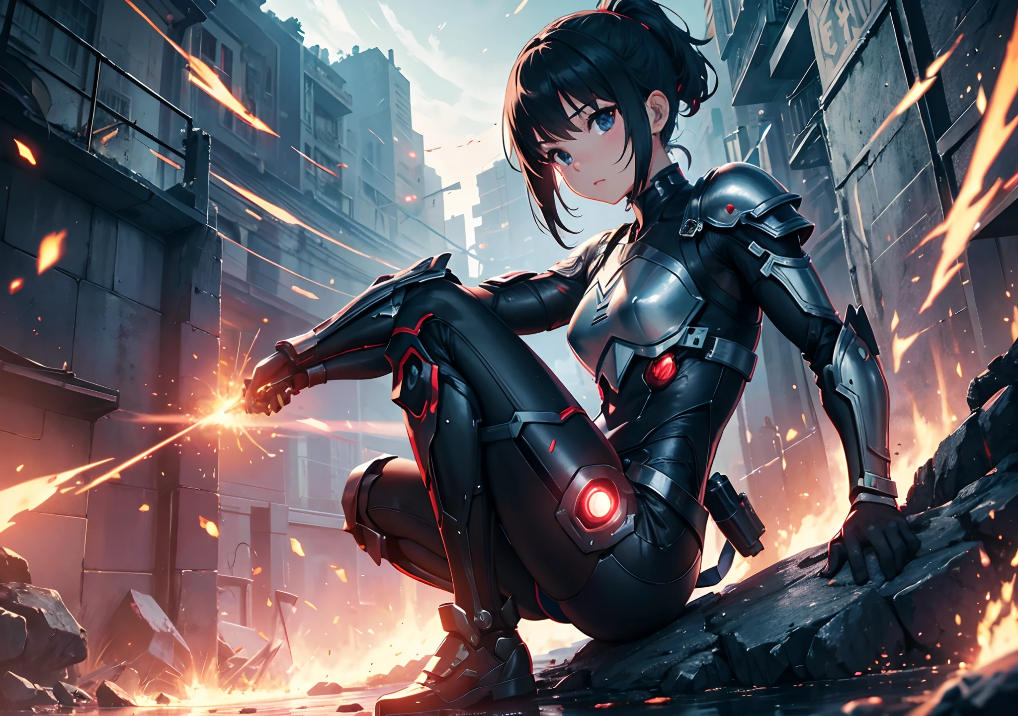 small, [comic climax shot: 1] [cryengine:1.1] [realisticvision:1] ([f2.8 1/200 4000]:1) (128k UHD1.1) CYBER, NINJA, MAGIC, SHOBITS, FIRE, BLOOD, looking at the viewer, girl, beautiful, fully detailed, enhanced, ultra realistic, HD, full HD, realistic reflections, realistic reflections, around the body lightning, thunder, epic pose, (Loli), (real life), (Cyborg armor), total destruction, little fire.