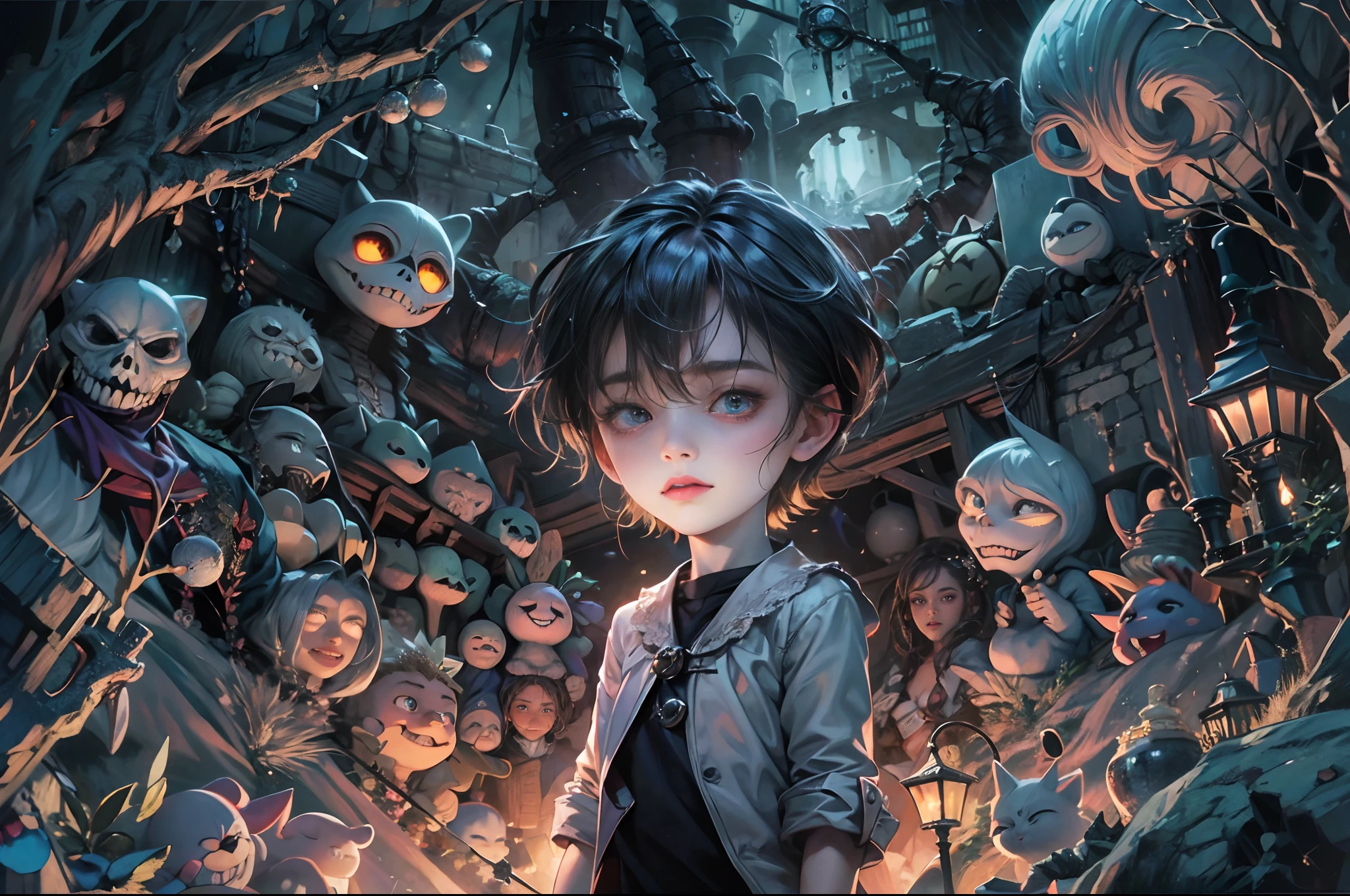 (absurdres, highres, ultra detailed, HDR), masterpiece, best quality, 1 boy, handsome boy, cool hero, big anime eyes, young boy, detailed scenery, detailed character, nightmare before Christmas theme, art kenouji