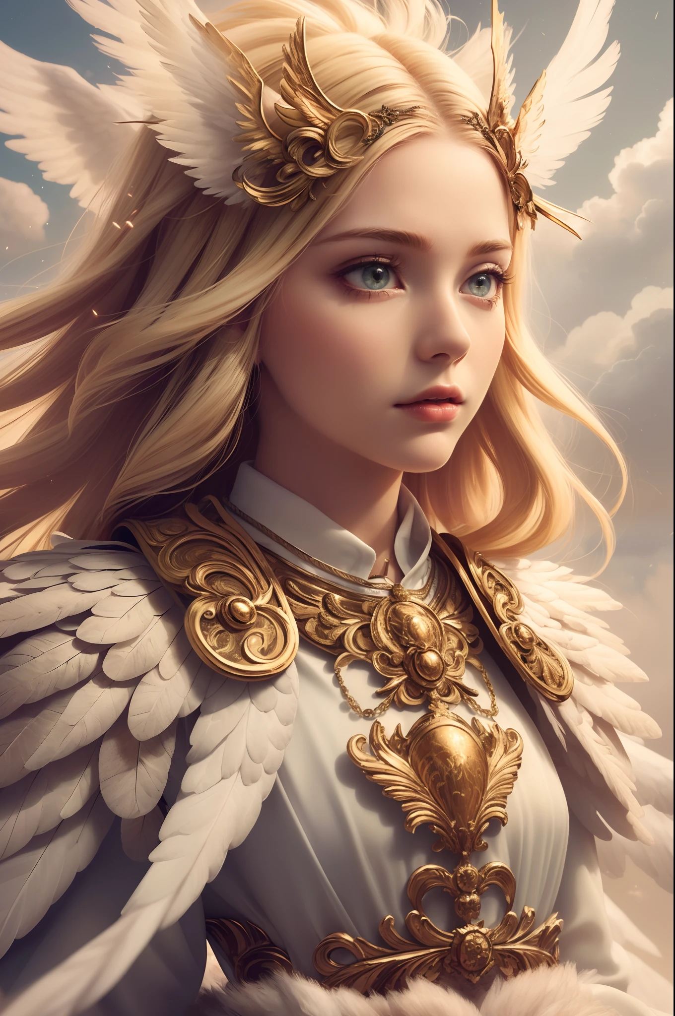(masterpiece:1.2), best quality, (ultra-detailed:1.2), (detailed background:1.1), (beautiful detailed face:1.3), high contrast, (best illumination:1.2), (cinematic light:1.2), colorful, hyper detail, dramatic light, intricate details, (1 girl:1.1), (blond hair:1.3), (angel wings:1.2), (descending from the clouds:1.2), (dynamic angle:1.1), (flowing dress:1.2), (ethereal glow:1.2), (white feathers:1.2), (depth of field:1.1), (clouds in background:1.1), cowboy shot.