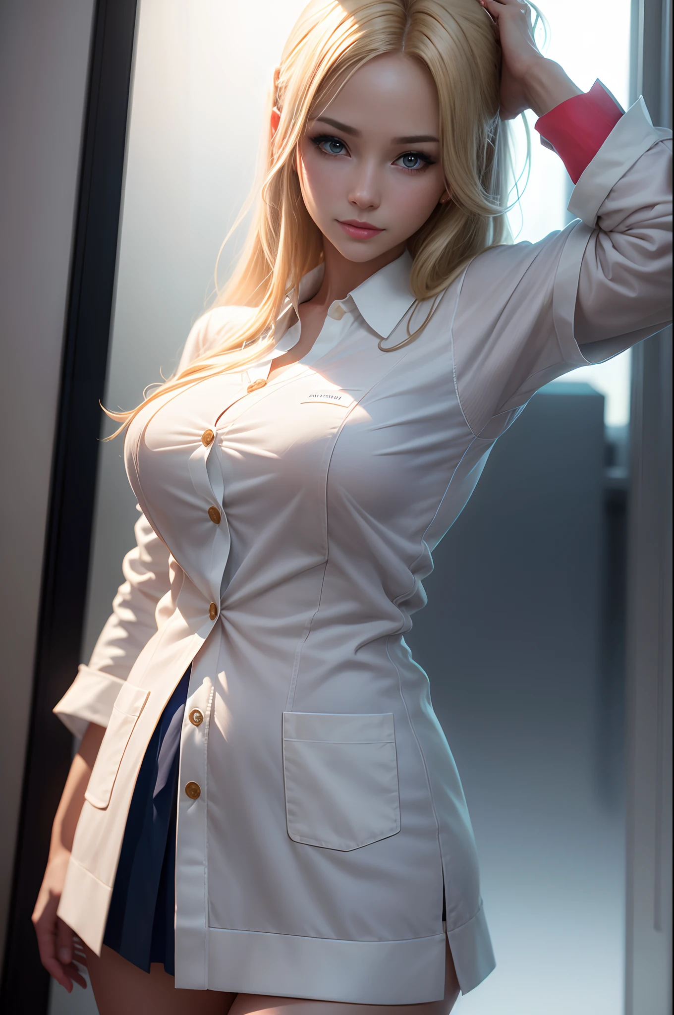 Beautiful mature blonde american woman、White nurse uniform、White nurse skirt　((Slimed、小柄))、Wearing a blue cardigan　Have medical records　A smile　Photorealsitic、a picture、​masterpiece、reallistic、真实感、photorealisim、High contrast、Photorealistic Art Station Trend Digital Art 8k HD High Resolution Explanation Real, detaileds, Skin Texture, ultra-detailliert, realistic skin textures, armature, top-quality, 超A high resolution, (Photorealsitic:1.4),, hight resolution, detaileds, Raw foto, Sharp Re, Nikon D850 Film Stock Photo by Lee Jefferies 4 Kodak Portra 400 Camera F1.6 lenses rich colors hyper realistic lifelike textures dramatic lighting unreal engine artstation trends synestil 800,