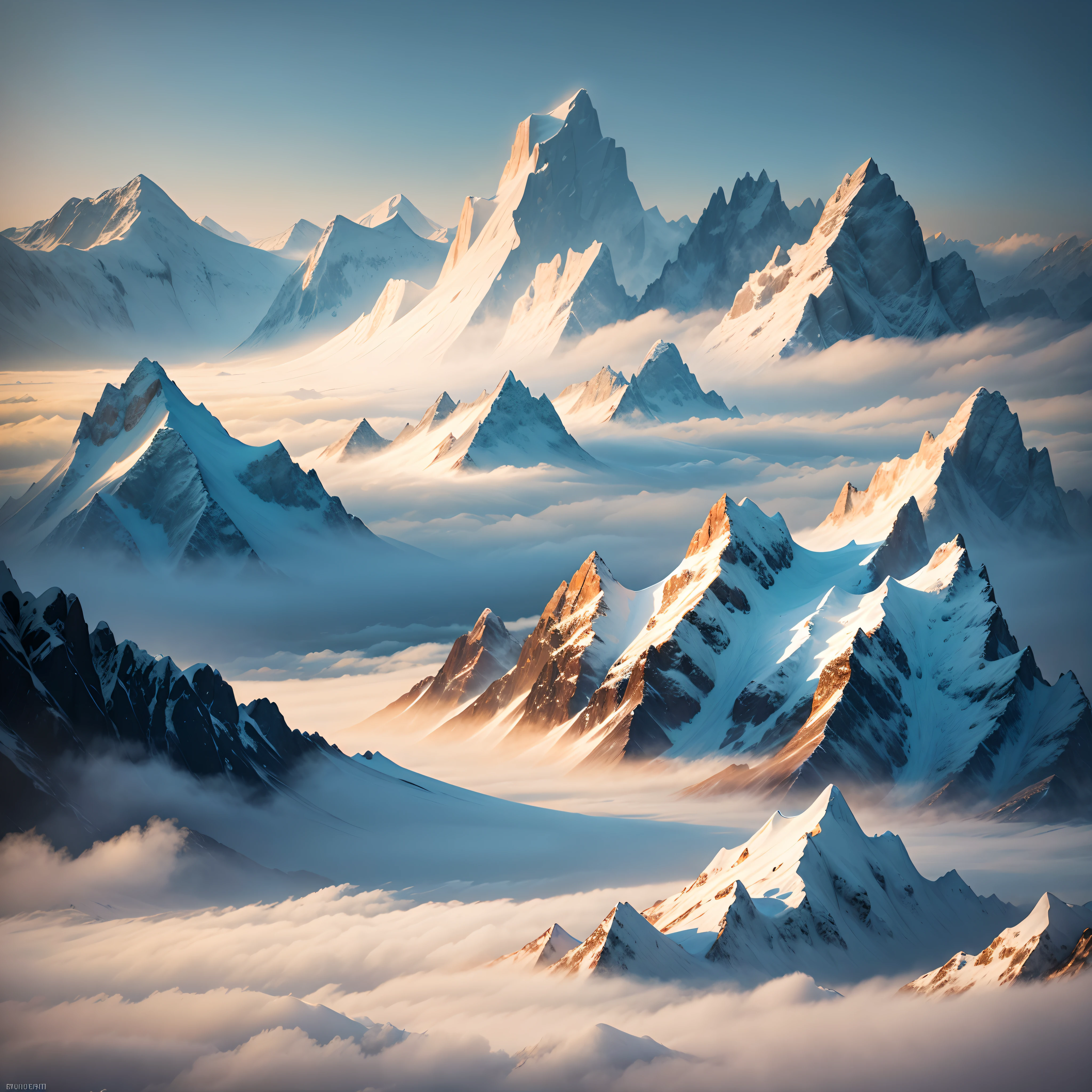 snow mountains,Flying Eagle,fog atmosphere,Glow,Faraway view,Rolling mountains,in the early morning,Foggy days