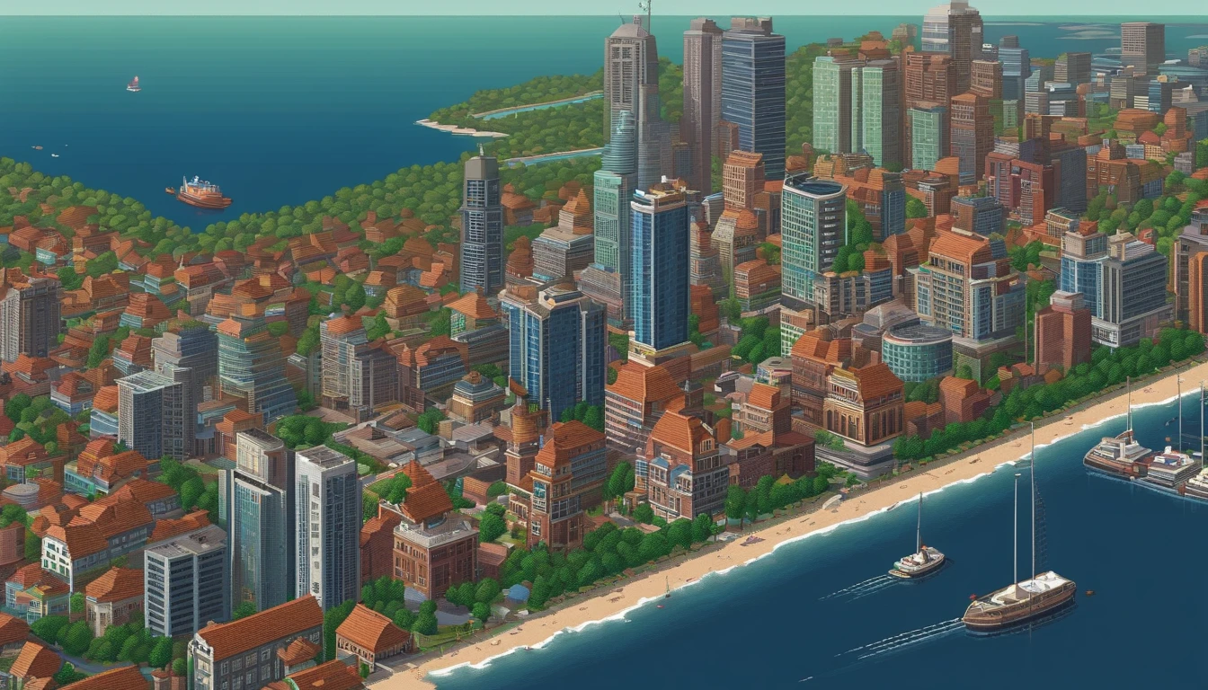 Pixel art of city, The Hague, Skyline, beautiful detailed pixel art, detailed pixel art, lo-fi retro videogame, concept pixelart, detailed pixel artwork, Pixel art style, pixel town, pixel art animation, high quality pixel art, Dolphins jump off the sea, super detailed color lowpoly art, #pixelart:3, # pixelart, #pixelart