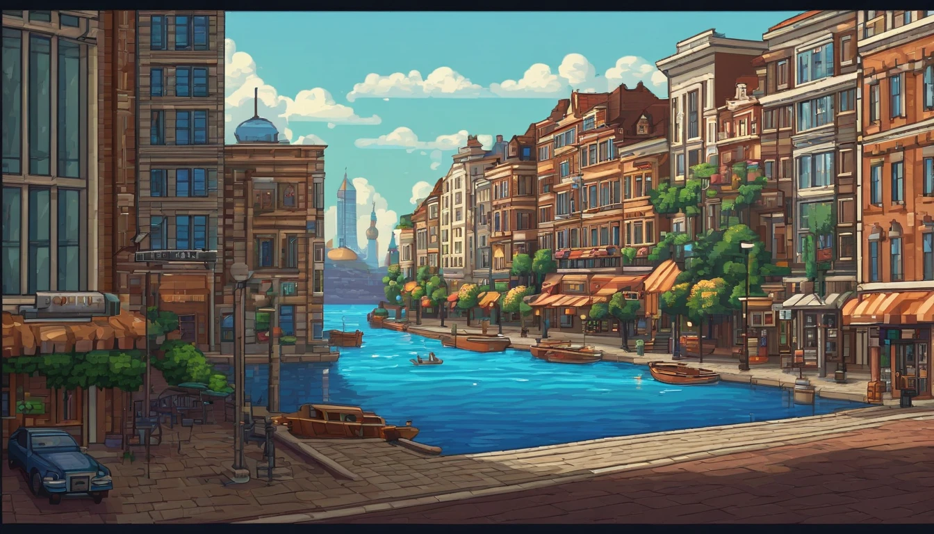 Pixel art of city, The Hague, Skyline, beautiful detailed pixel art, detailed pixel art, lo-fi retro videogame, concept pixelart, detailed pixel artwork, Pixel art style, pixel town, pixel art animation, high quality pixel art, Dolphins jump off the sea, super detailed color lowpoly art, #pixelart:3, # pixelart, #pixelart