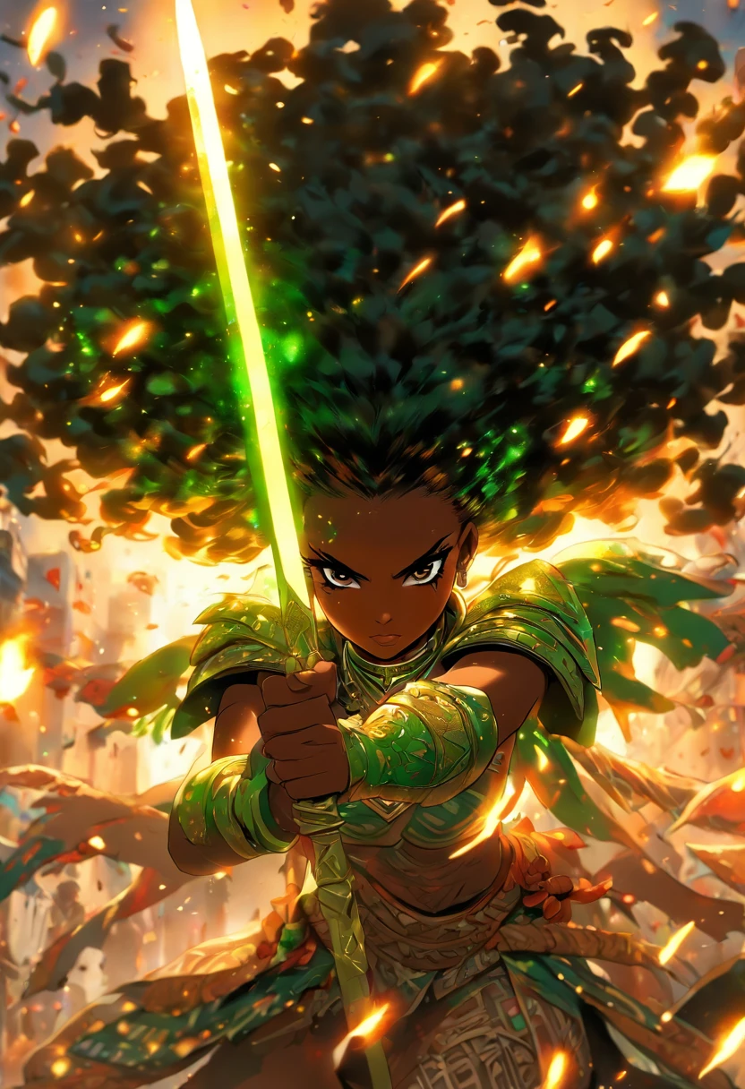 The most beautiful and sexy African warrior princess, black hair, long afro in a blowout hairstyle, green eyes, wearing highly detailed tribal battle armor, wielding a tribal spear, tons of tattoos and piercings, blood splattered, golden flower pedals blowing in the wind, highly detailed background, perfect masterpiece, high quality, high resolution