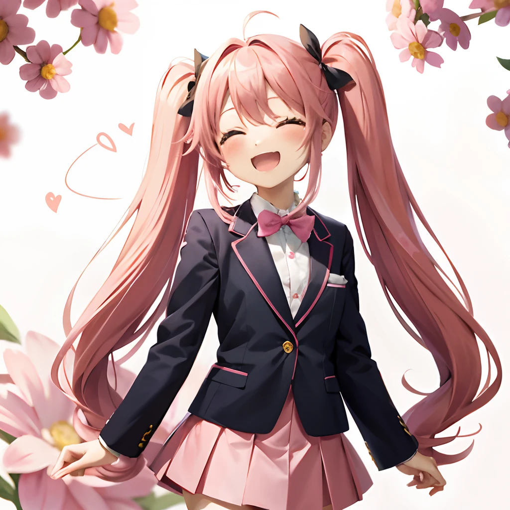 Cute chibi anime the size of a flower in a flower garden, long pink hair with twin tails、、Pink twin tail hairstyle、Dark blue blazer、Pink skirt、student clothes,dark colored、primary colours、、Smiling, animations、Laugh out loud on your stomach、Crying and laughter、、Insanely good laugh、burst into laughter、Chibi Animation