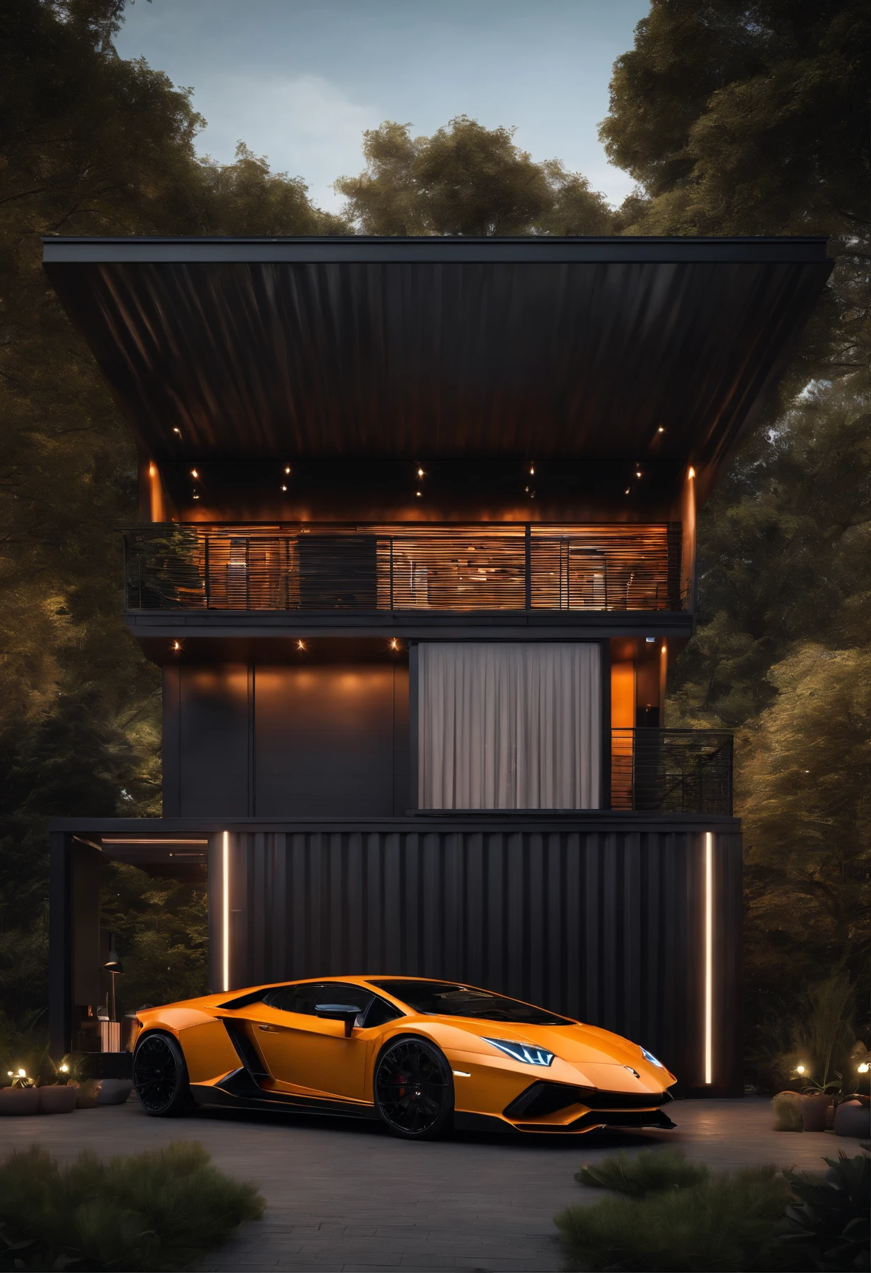 ((Best quality)), ((masterpiece)), ((realistic)), ((Best quality)), ((masterpiece)), ((realistic)), container house, garage, lamborghini, dark space, smart home,