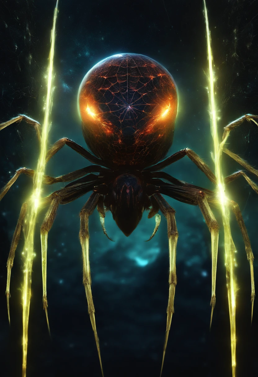 Cosmic Fallen Angel, glowing light eyes, Biomechanical, eerie, Creepy, nightmarish, body of spider, Very bright colors, Light particles, with light glowing, Mshiff, wallpaper art, UHD wallpaper