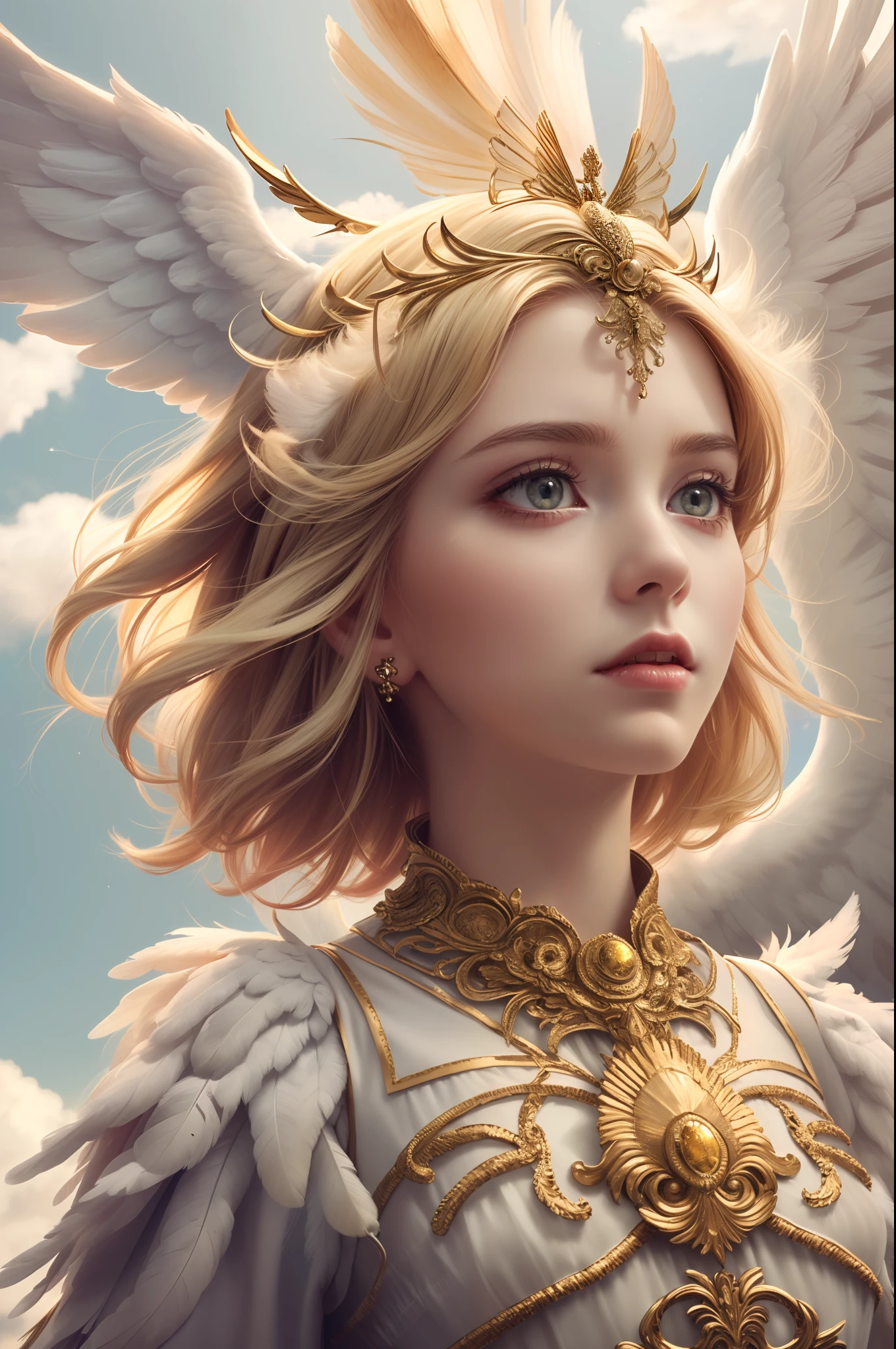 (masterpiece:1.2), best quality, (ultra-detailed:1.2), (detailed background:1.1), (beautiful detailed face:1.3), high contrast, (best illumination:1.2), (cinematic light:1.2), colorful, hyper detail, dramatic light, intricate details, (1 girl:1.1), (blond hair:1.3), (angel wings:1.2), (descending from the clouds:1.2), (dynamic angle:1.1), (flowing dress:1.2), (ethereal glow:1.2), (white feathers:1.2), (depth of field:1.1), (clouds in background:1.1), cowboy shot.