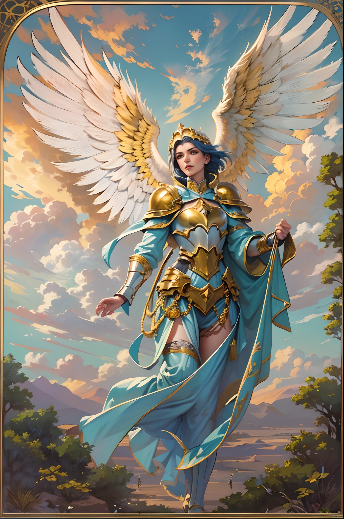 Anjo com asas longas brancas e douradas, usando um manto, Flying position, capuz, azul gelo, Golden sky with white clouds, Paramentos sagrados, Landscape, gothic armor, Angel with mm Aurelia
