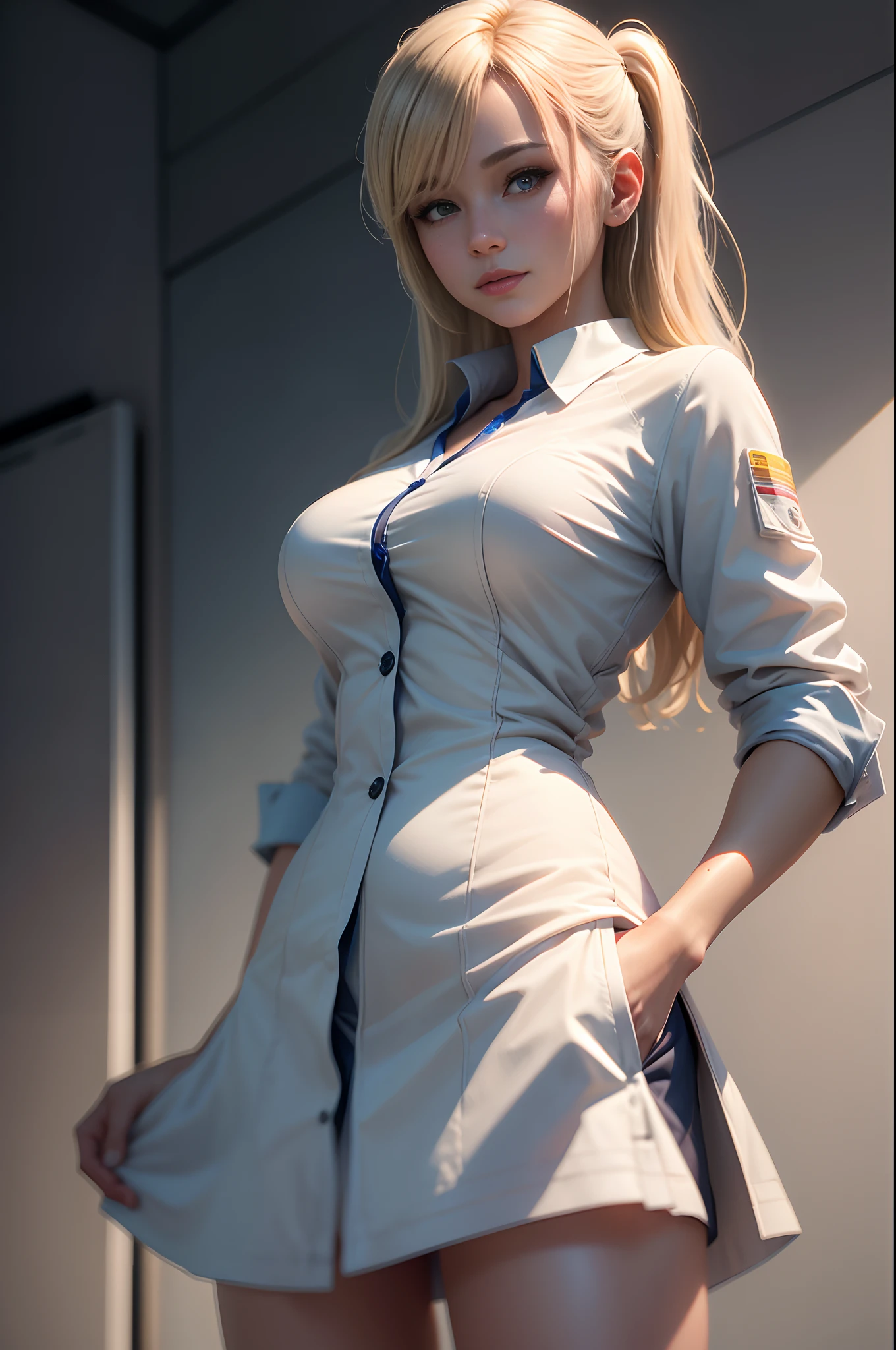 Beautiful mature blonde american woman、White nurse uniform、White nurse skirt　((Slimed、小柄))、Wearing a blue cardigan　Have medical records　A smile　Photorealsitic、a picture、​masterpiece、reallistic、真实感、photorealisim、High contrast、Photorealistic Art Station Trend Digital Art 8k HD High Resolution Explanation Real, detaileds, Skin Texture, ultra-detailliert, realistic skin textures, armature, top-quality, 超A high resolution, (Photorealsitic:1.4),, hight resolution, detaileds, Raw foto, Sharp Re, Nikon D850 Film Stock Photo by Lee Jefferies 4 Kodak Portra 400 Camera F1.6 lenses rich colors hyper realistic lifelike textures dramatic lighting unreal engine artstation trends synestil 800,