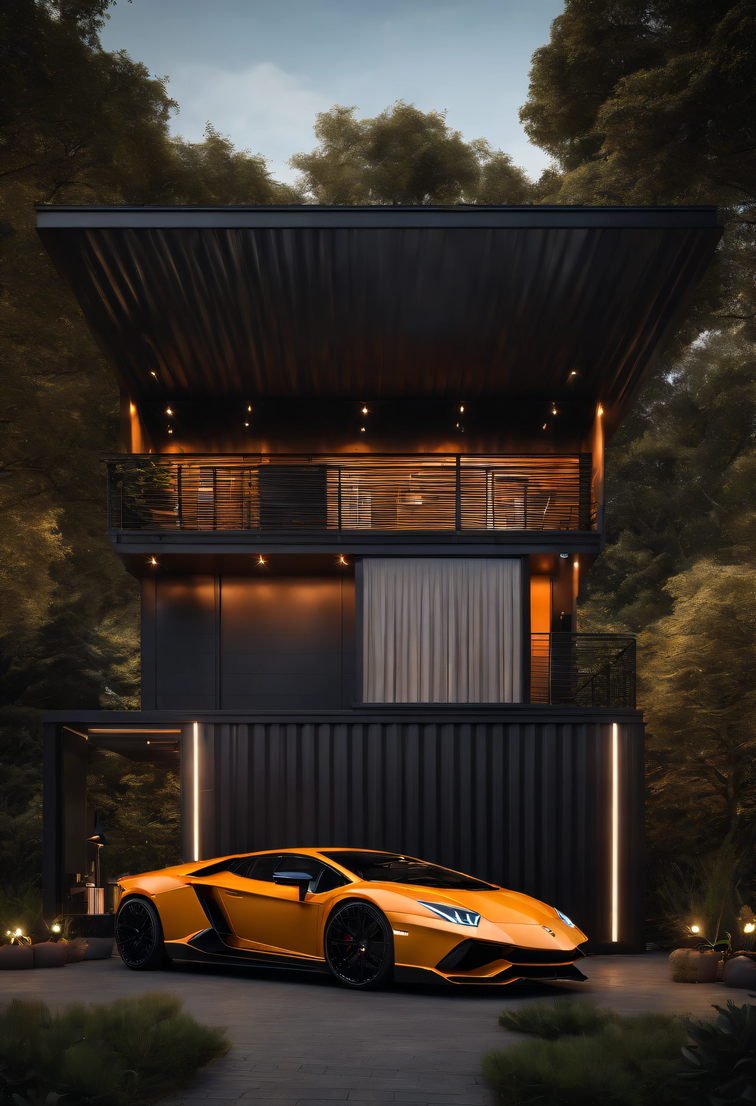 ((Best quality)), ((masterpiece)), ((realistic)), ((Best quality)), ((masterpiece)), ((realistic)), container house, garage, lamborghini, dark space, smart home,