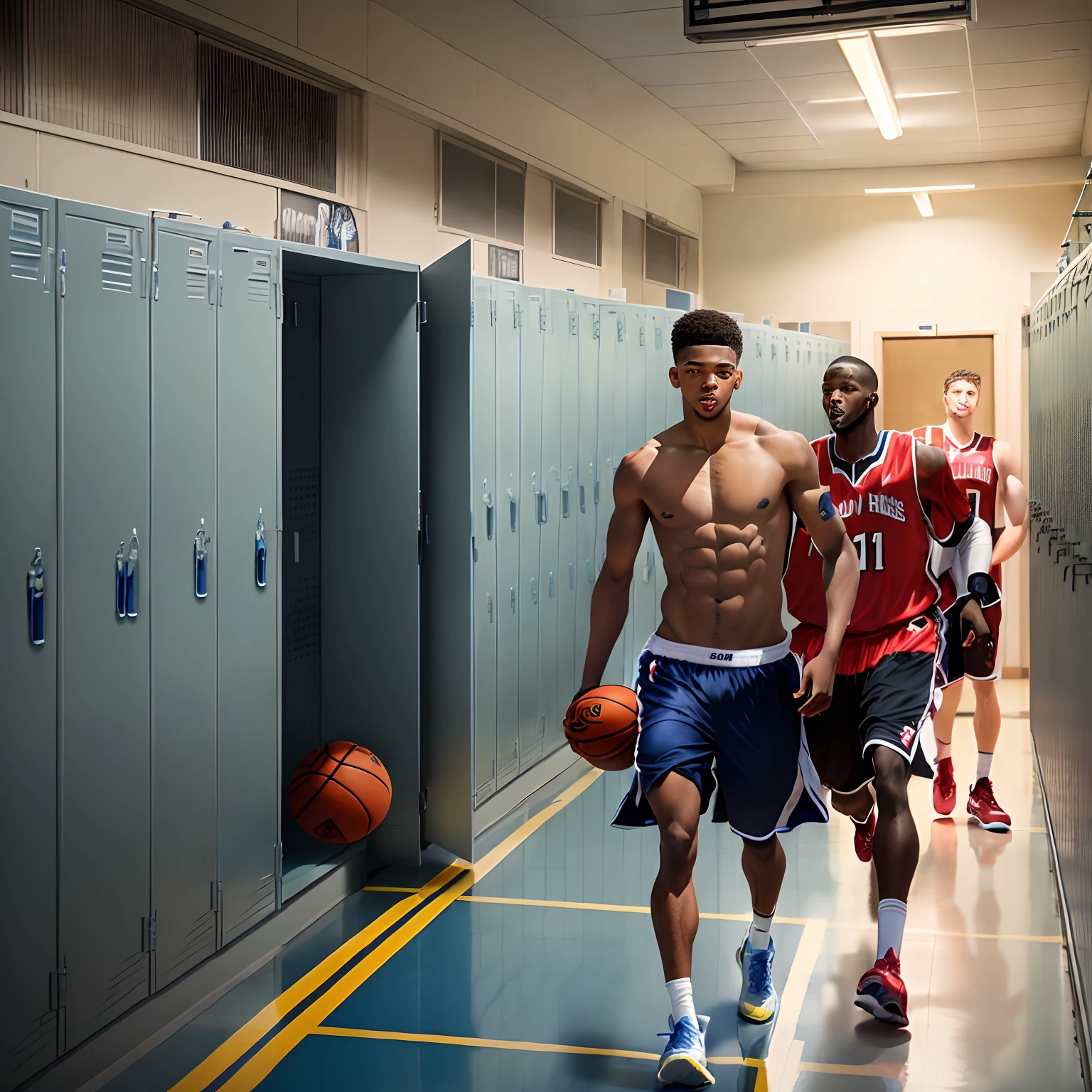 A strayed into the basketball players' locker room and was surrounded by a group of naked athletes, pressed to the ground and beaten, beaten, beaten and raped