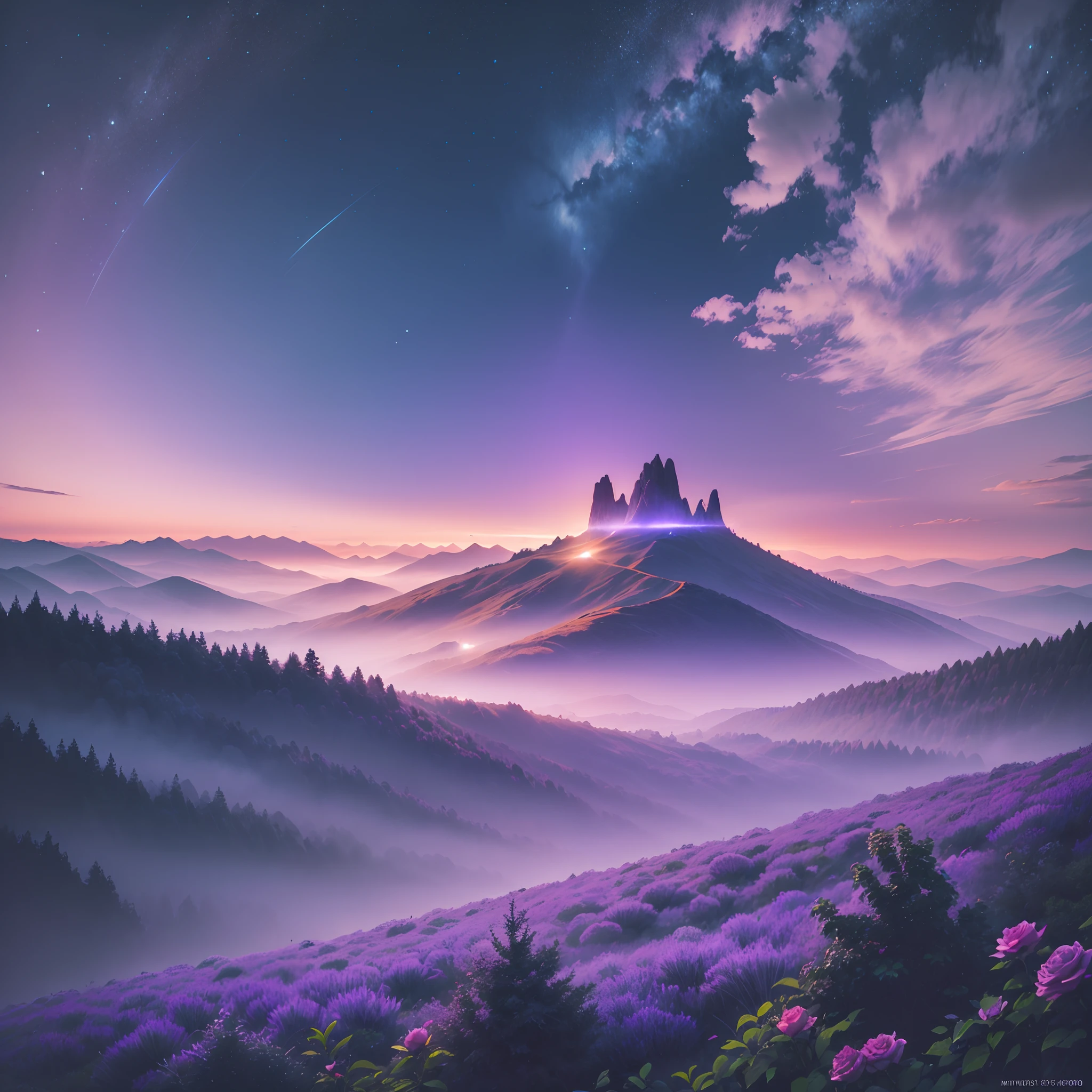 Misty mountains at dawn, shades of lavender and indigo, mystical landscapes, Nordic folklore influence, soft rose and periwinkle, illuminated warm, rays, natgeo style, canon eos c500 mark II, UHD, higly detailed, nature photography --auto --s2