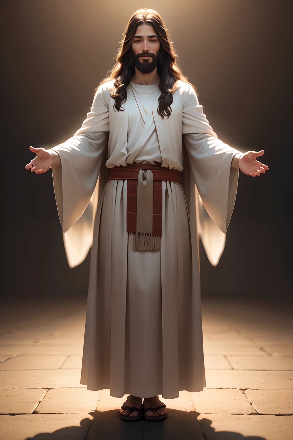 Create a realistic image of Jesus Christ, smiling, praying, front, full body.
