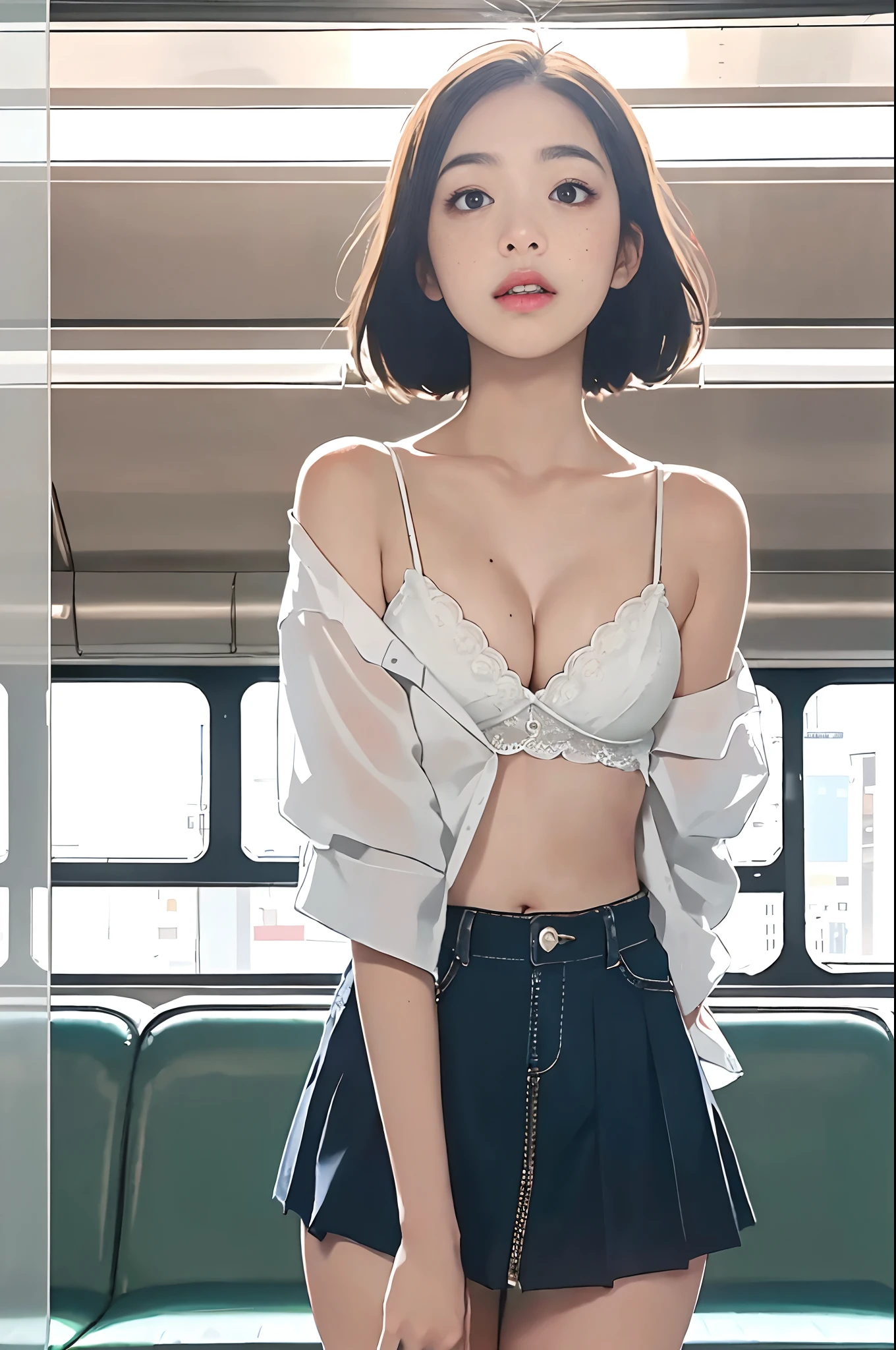 ((European pre-)), beautiful girl, freckles on her face, light blue eyes, white blouse with spaghetti straps, cleavage breasts, tiny blue pleated skirt, no panties, realistic vagina, close-up from thighs to face, shot from below, very light skin, shaved hair, blonde hair, busy subway car, photorealistic, indirect lighting, volumetric light, ray tracing, hyper-detailed, best quality, ultra-high resolution, HDR, 8k