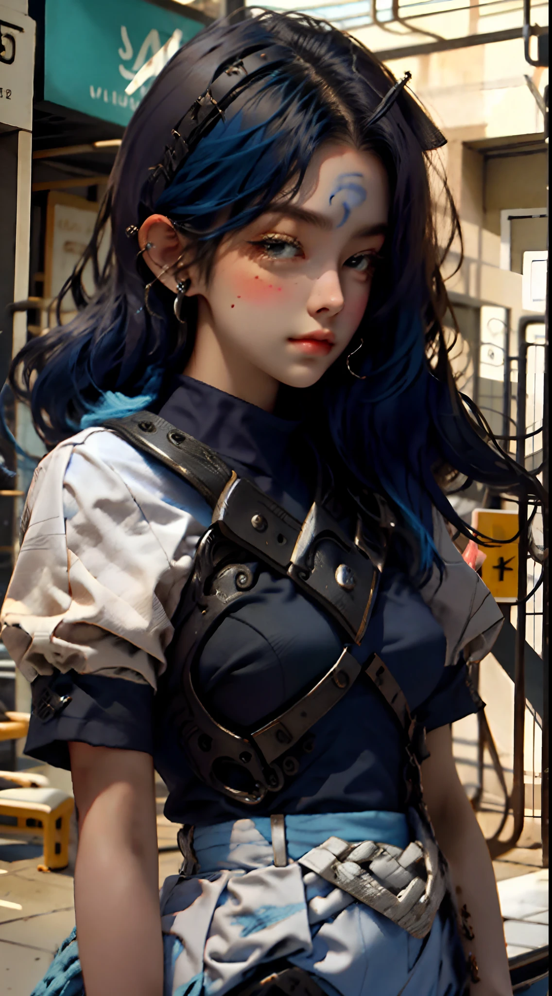 uma mulher de cabelo liso grande, cor azul marinho, com camisa branca e Short