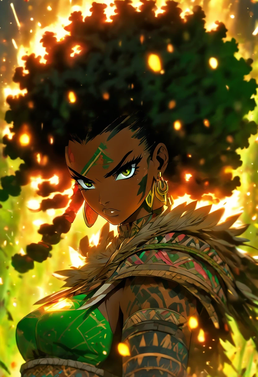 The most beautiful and sexy African warrior princess, black hair, long afro in a blowout hairstyle, green eyes, wearing highly detailed tribal battle armor, wielding a tribal spear, tons of tattoos and piercings, blood splattered, golden flower pedals blowing in the wind, highly detailed background, perfect masterpiece, high quality, high resolution