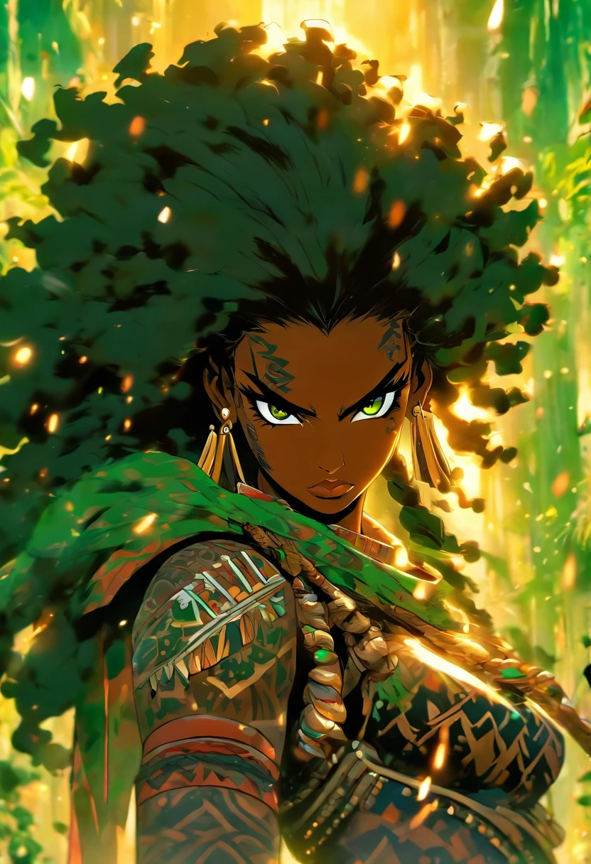 The most beautiful and sexy African warrior princess, black hair, long afro in a blowout hairstyle, green eyes, wearing highly detailed tribal battle armor, wielding a tribal spear, tons of tattoos and piercings, blood splattered, golden flower pedals blowing in the wind, highly detailed background, perfect masterpiece, high quality, high resolution
