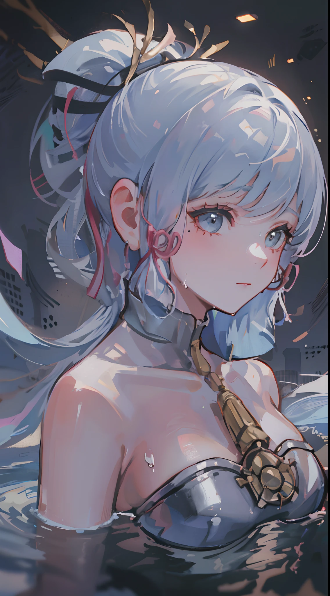 ((beautiful lighting, Best quality, 8K, Masterpiece: 1.3)), 1girl,  Elegant and gracefu,  Sweaty + wet skin,((white hair)), (ponytail), (White Kimono: 1.4), bathing gown, stocking , (onsen , night: 1.1), (Hot water bath), Soak