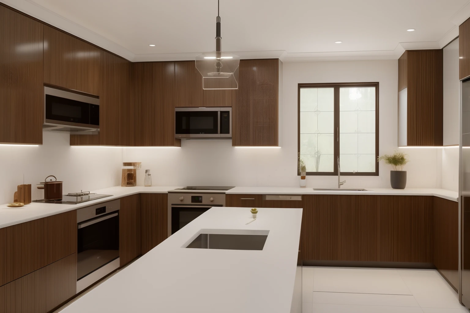 Dive into the ultra-detailed 8k masterpiece, carefully crafted with photorealistic precision of 1.37 ratio, all in the essence of Nayuta Nordic Modern Interior Design. Art form: Photography. Inspired by the techniques of Annie Leibovitz, the kitchen showcases professional lighting, a scenery where the play of radiosity brightens the room. A stove with a frying pan, a gleaming refrigerator beside tiles and cabinet, a sink with a faucet overlooking a tile wall. On the shelf, there's a spatula, a chair nearby with a plant and some food in a jar. Lens: 35mm. The room basks in a warm color temperature. Perfectly illuminated with ray tracing and the best shadows using physically-based rendering