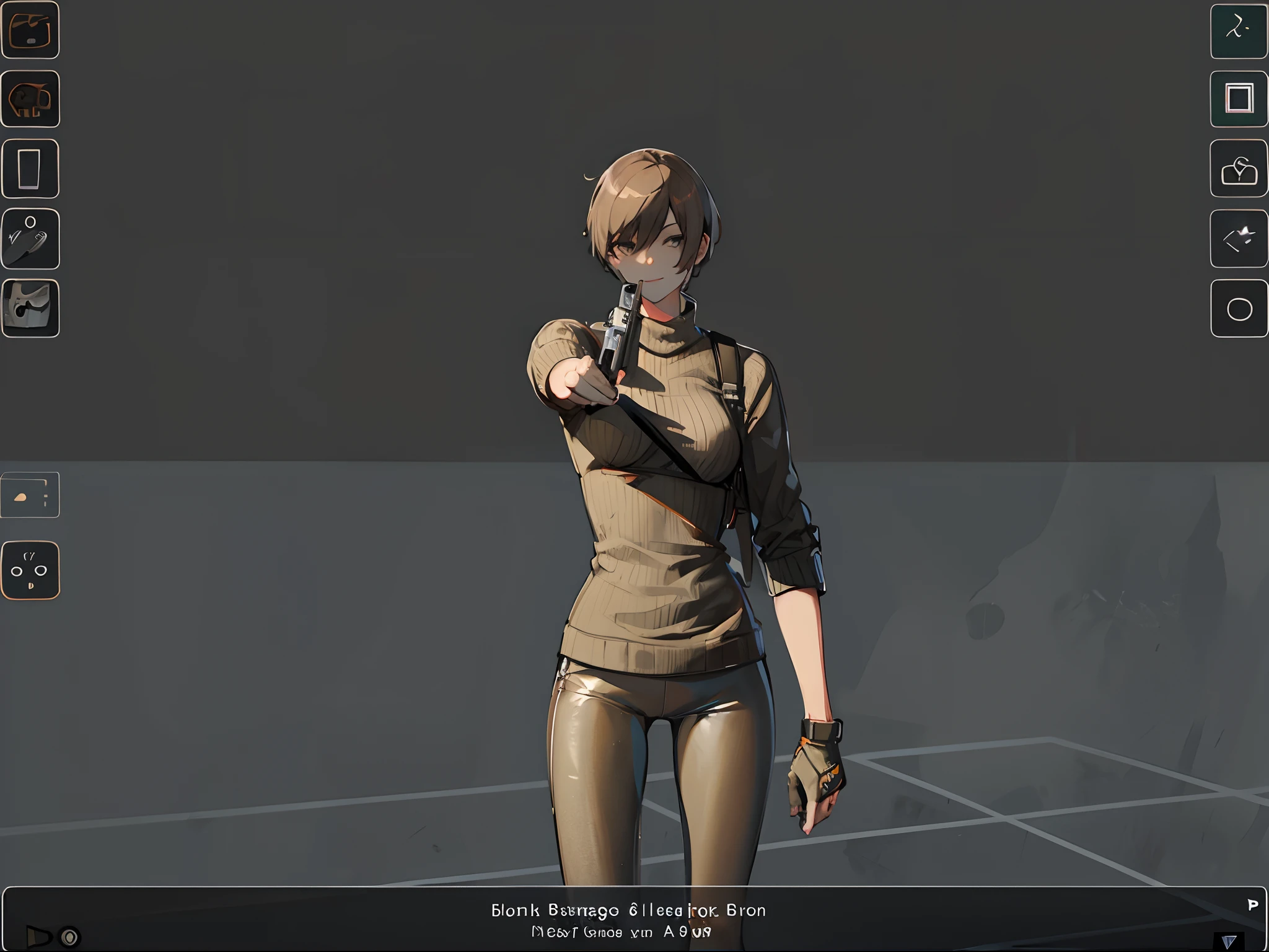 a drawing of a woman holding a gun in his hand, loose pencil sketch, rough sketch, outline sketch, pistol, with out shading, shooting pose, very flat shading, high quality fanart, cel shaded, masterpiece, high quality, ultra quality, 8k, male, face focus, smiling, looking at viewer, pointing gun at camera, wearing a sweater, brown hair, short hair, leggins