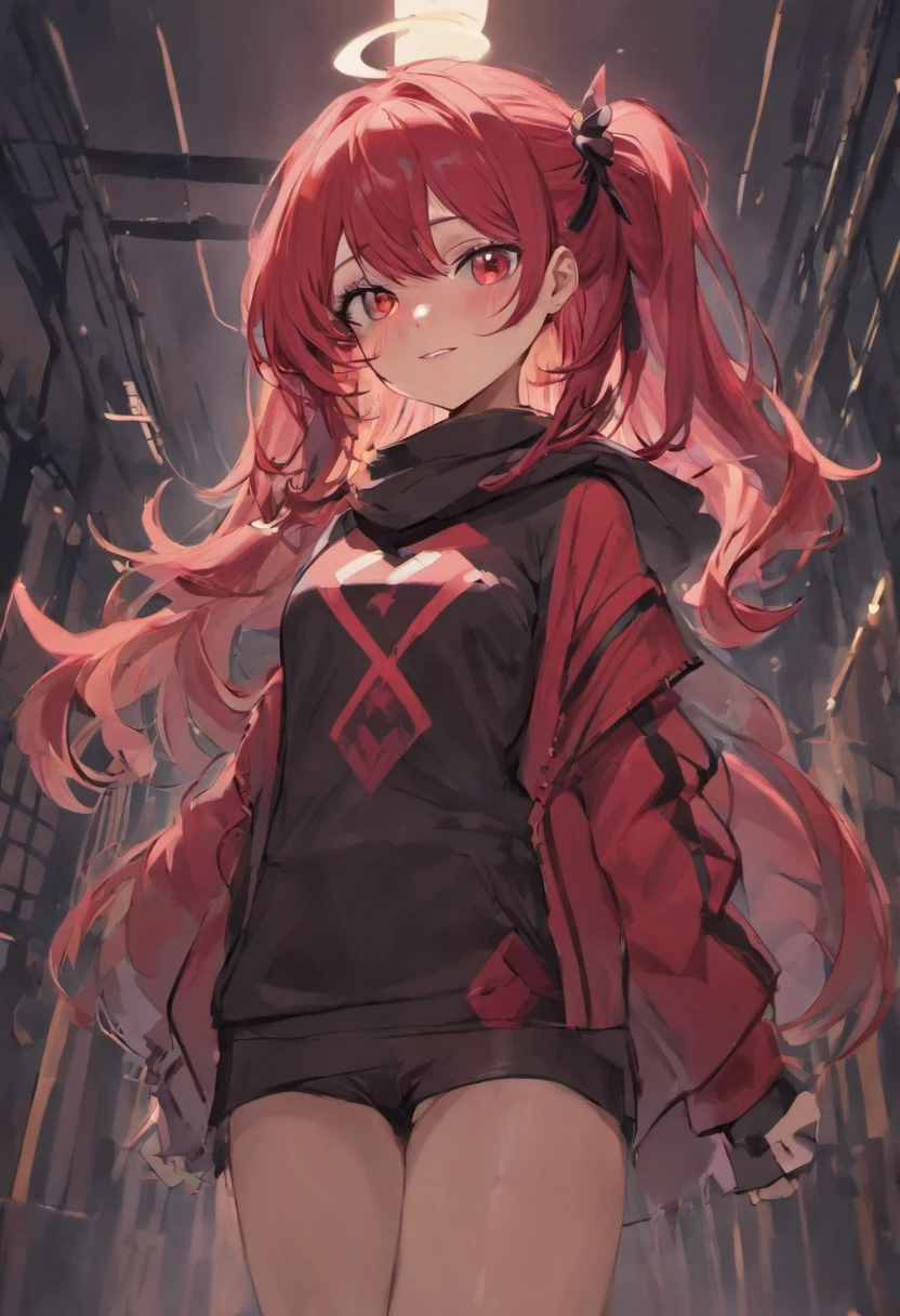 a chubby, bottom heavy hispanic girl with messy red and black two tone dyed hair, dark freckles, red eyes, a black shirt that has a logo of a green circle and a black star in the middle, black pants with red X's on the knees, neon green imp horns, a thin black imp tail. She's a snarky girl with an overconfidence, she's cartoony and bouncy, she's sweet and loving, but can also be mean and distasteful. She has c-cup breasts, and a large waistband. She wears full clothing and a red and black striped scarf. She smileswith confidence even when at her lowest low.