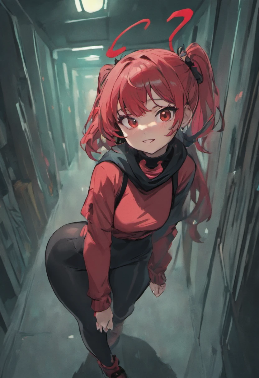 a chubby, bottom heavy hispanic girl with messy red and black two tone dyed hair, dark freckles, red eyes, a black shirt that has a logo of a green circle and a black star in the middle, black pants with red X's on the knees, neon green imp horns, a thin black imp tail. She's a snarky girl with an overconfidence, she's cartoony and bouncy, she's sweet and loving, but can also be mean and distasteful. She has c-cup breasts, and a large waistband. She wears full clothing and a red and black striped scarf. She smileswith confidence even when at her lowest low.