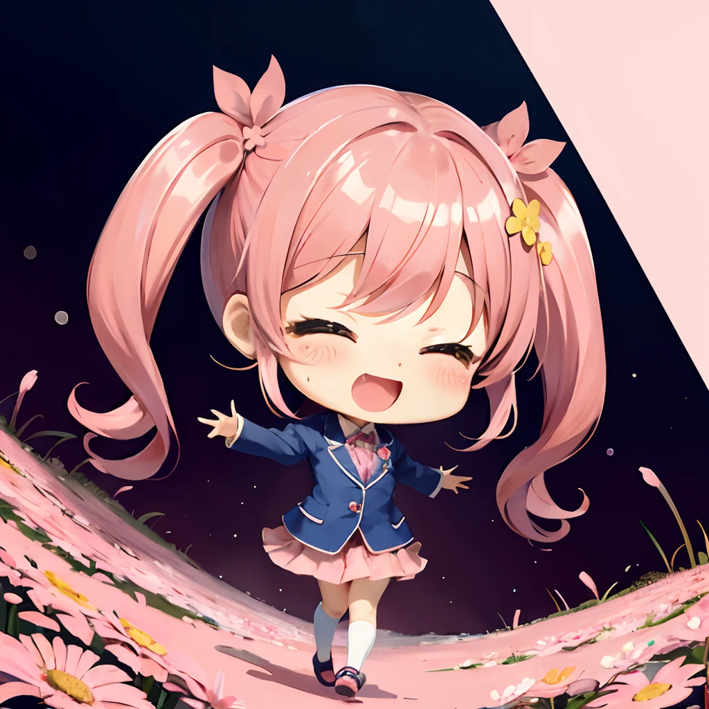 Cute chibi anime the size of a flower in a flower garden, long pink hair with twin tails、、Pink twin tail hairstyle、Dark blue blazer、Pink skirt、student clothes,dark colored、primary colours、、Smiling, animations、Laugh out loud on your stomach、Crying and laughter、、Insanely good laugh、burst into laughter、Chibi Animation
