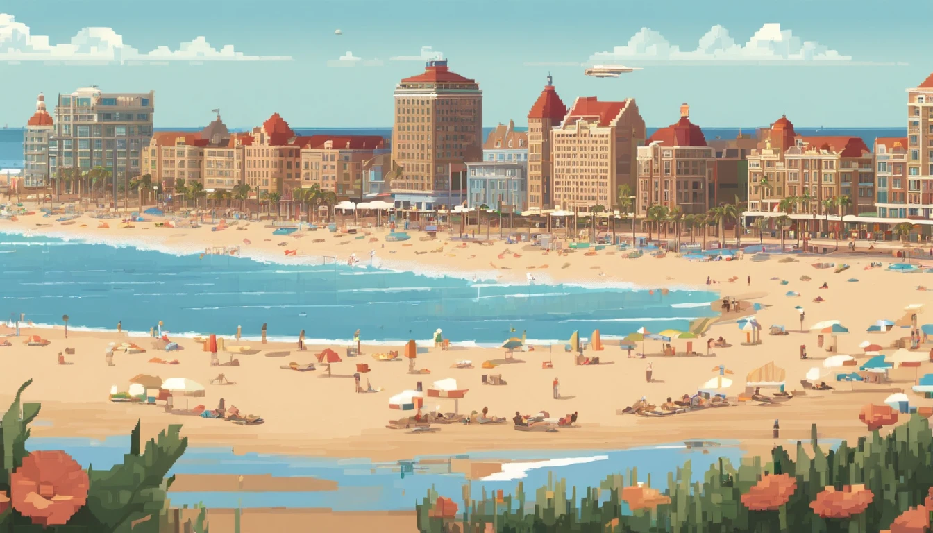 Pixel of Scheveningen beach, boulevard, The Hague, beautiful detailed pixel art, detailed pixel art, lo-fi retro videogame, concept pixelart, detailed pixel artwork, Pixel art style, pixel town, pixel art animation, high quality pixel art, super detailed color lowpoly art, #pixelart:3, # pixelart, #pixelart