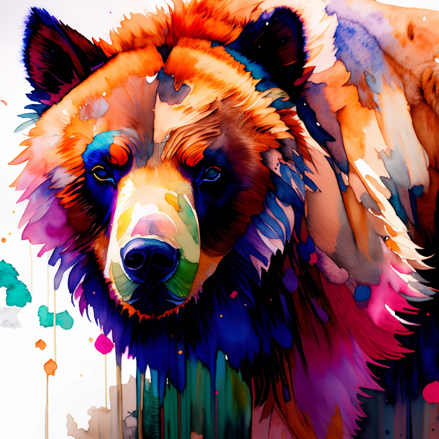 wtrcolor style, Digital art of (grizzly bear character), official art, frontal, masterpiece, Beautiful, ((watercolor)), face paint, paint splatter, intricate details. Highly detailed, detailed eyes, [dripping:0.5], Trending on artstation, by Rachel Walker,