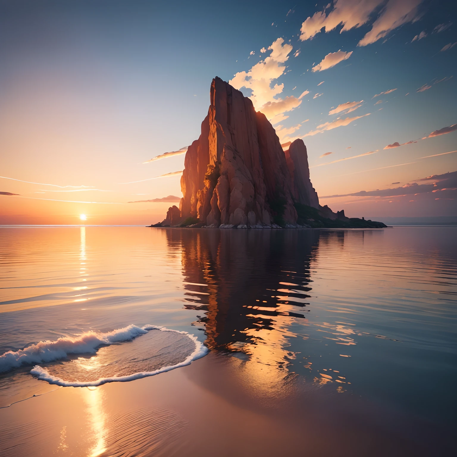 (best quality,4k,8k,highres,masterpiece:1.2),ultra-detailed,(realistic,photorealistic,photo-realistic:1.37),seascape,sunset,tranquil,water reflection,warm colors,serene atmosphere,calm waves,silhouette of distant ships,splendid horizon,orange and pink hues,gentle breeze,dreamlike scene,soft evening light,luminous sky,picturesque view,ripples in the water,golden sunlight,scattered clouds,serenity,peaceful ambiance,serene nature,majestic beauty,mesmerizing spectacle,relaxing,harmony between land and sea,tranquility of the ocean,spectacular colors,serene atmosphere,Quiet and peaceful moment,twilight setting,natural beauty,harmonious composition,ethereal,tranquil experience.