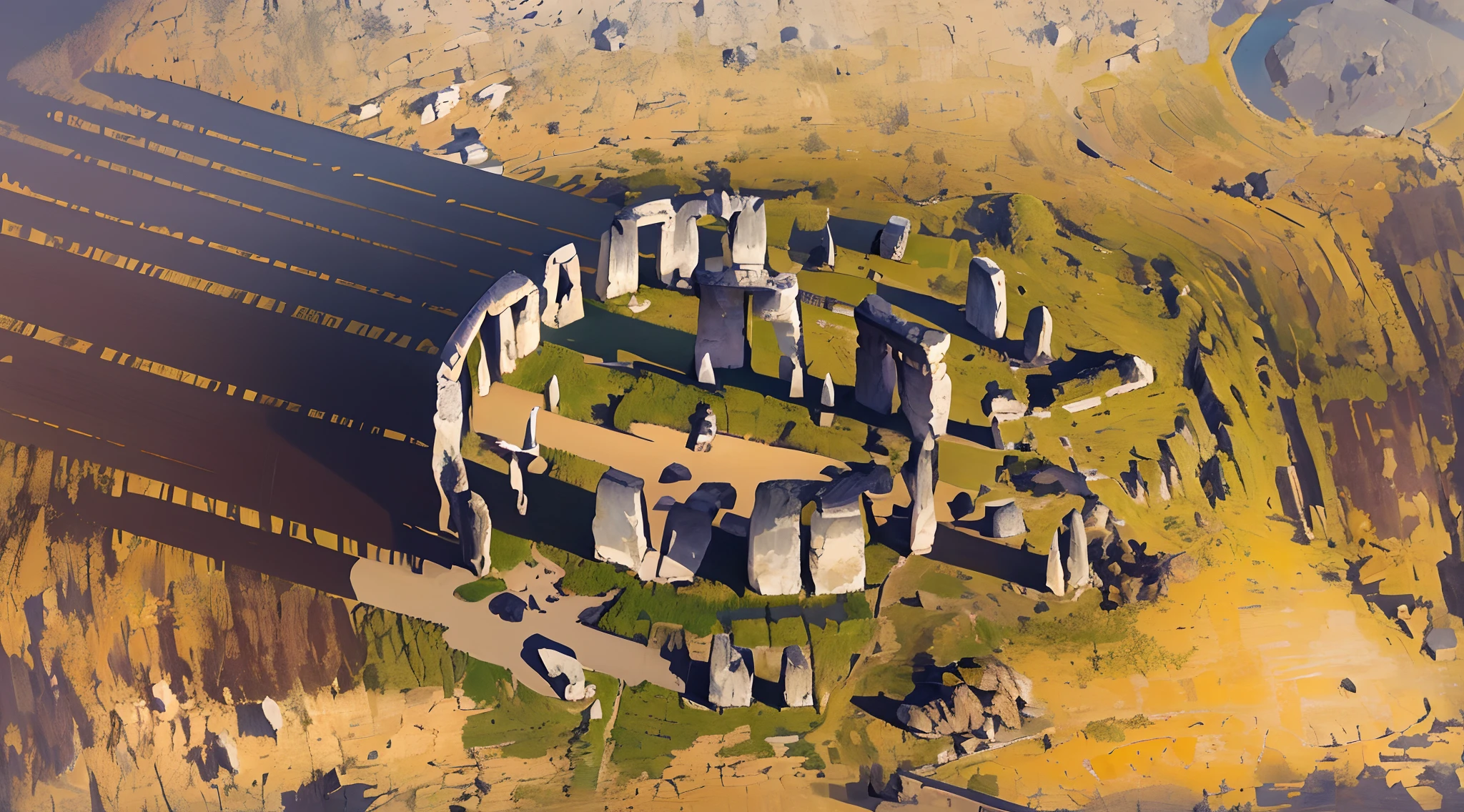 A breathtaking landscape of Stonehenge bathed in the warm hues of a setting sun. The ancient stones stand tall, casting long shadows on the grassy plains. A sense of mystery and wonder fills the air as the sky is painted with a vibrant blend of oranges, purples, and deep blues. The scene captures the majesty and timelessness of this iconic monument. Best quality, intricate details, clean lines, eye-catching composition, soft tones, anime realism, perfect illustration