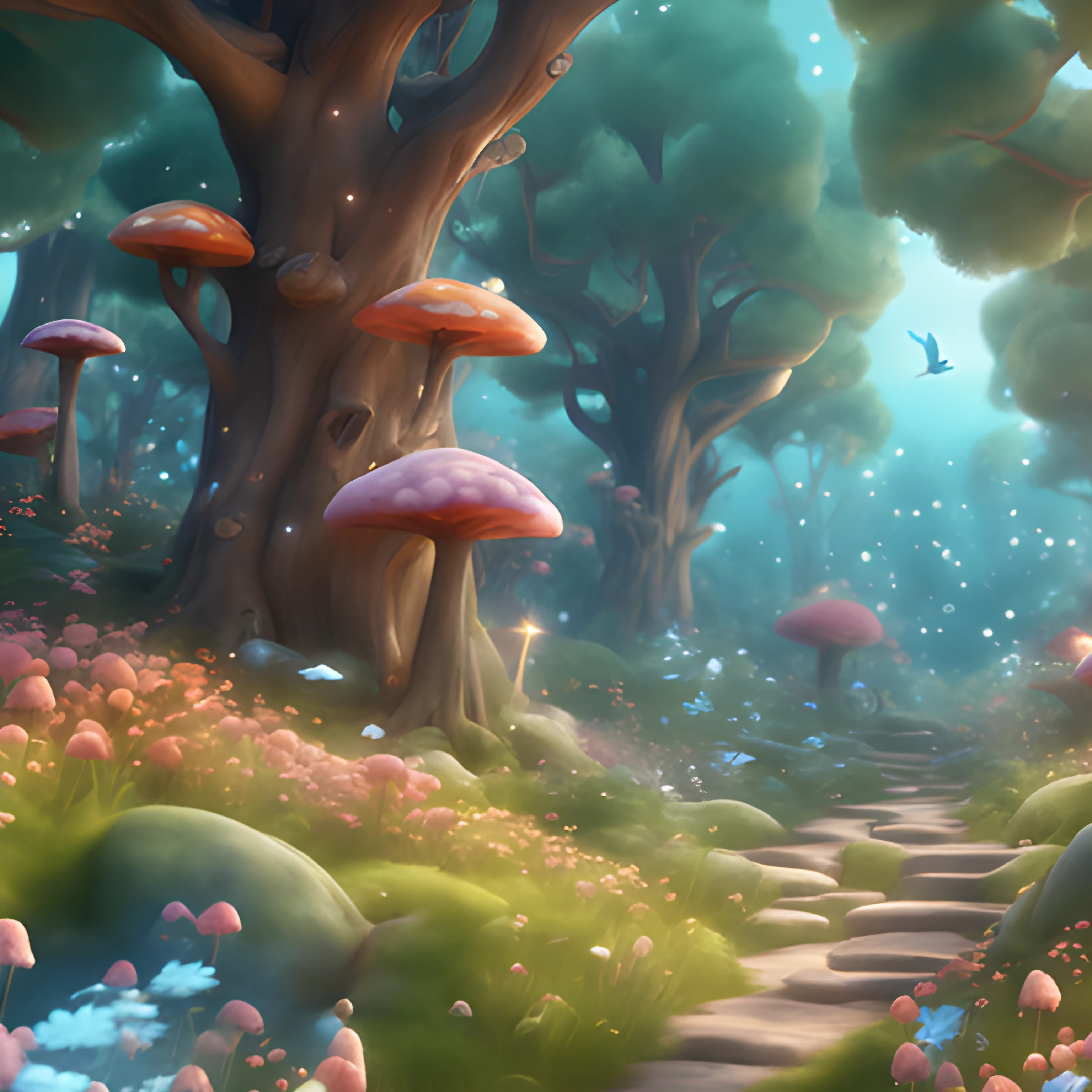 There is a path in the middle of the forest with mushrooms, Enchanted magical fantasy forest, Magical Fairy Forest, Magic Fairy Background, Enchanted Forest Background, Magical fantasy forest, Enchanted Forest Background, Forest of Fairy Kingdom, Elven Forest Background, Fantasy Forest Environment, Fantasy forest background, Fantasy Forest Landscape, Whimsical fantasy landscape art, Beautiful rendering of fairy tales