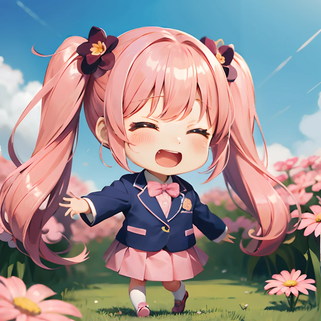 Cute chibi anime the size of a flower in a flower garden, long pink hair with twin tails、、Pink twin tail hairstyle、Dark blue blazer、Pink skirt、student clothes,dark colored、primary colours、、Smiling, animations、Laugh out loud on your stomach、Crying and laughter、、Insanely good laugh、burst into laughter、Chibi Animation