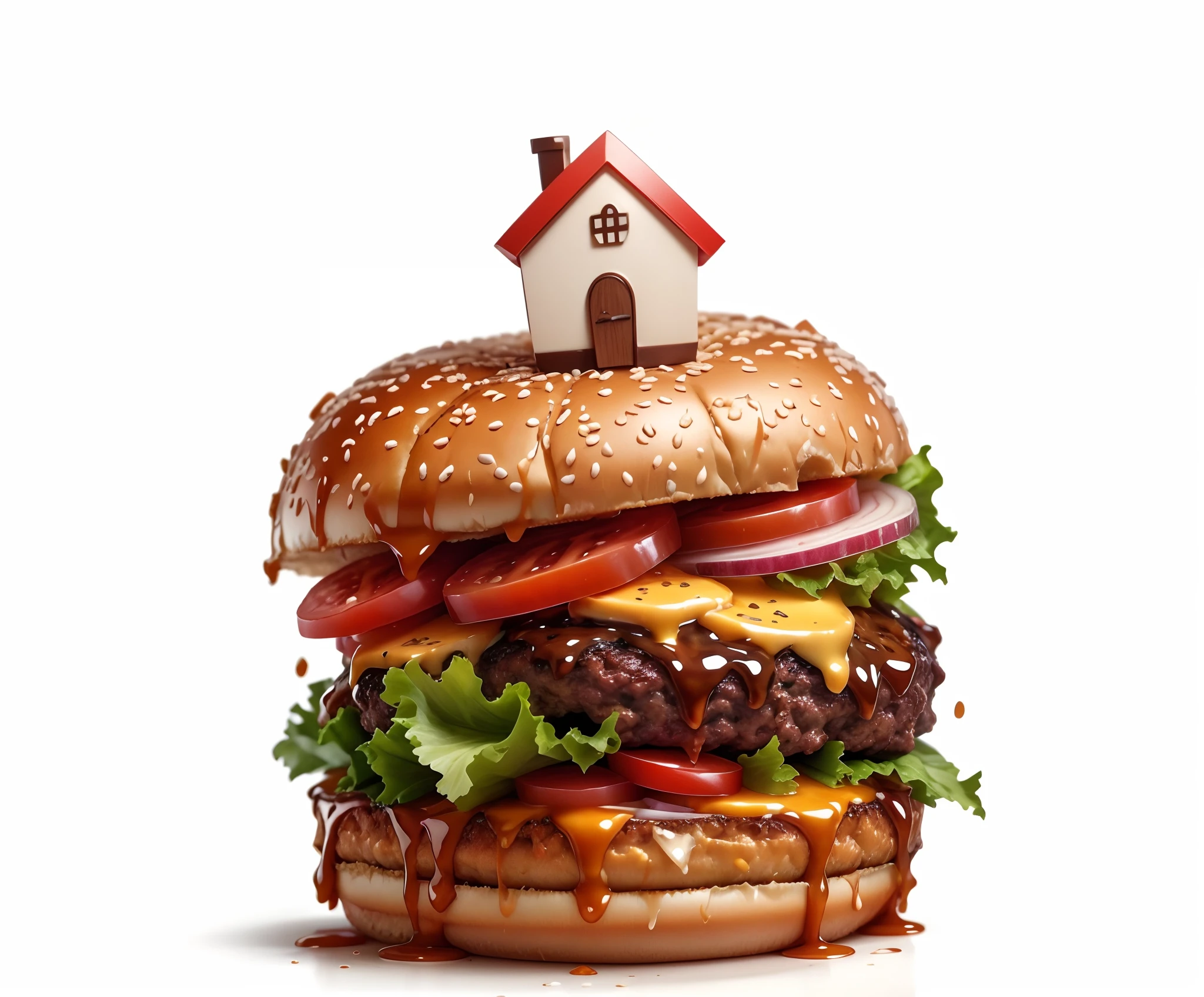 Uma logo de uma Lanchonete, House Food Delivery, a giant burger with a small house on top, extremamente realista, very cute and tasty burger, gostoso, delicioso, 8k